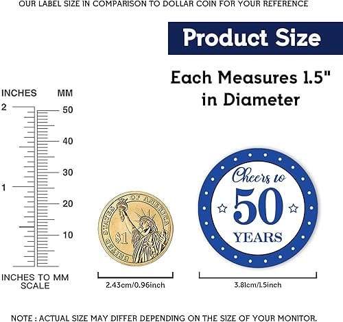 Miniatura 2 de Calcomanías redondas de 1.5 pulgadas para cumpleaños número 50 (80 piezas) calcomanías azules de Cheers to 50 años, calcomanías adhesivas para