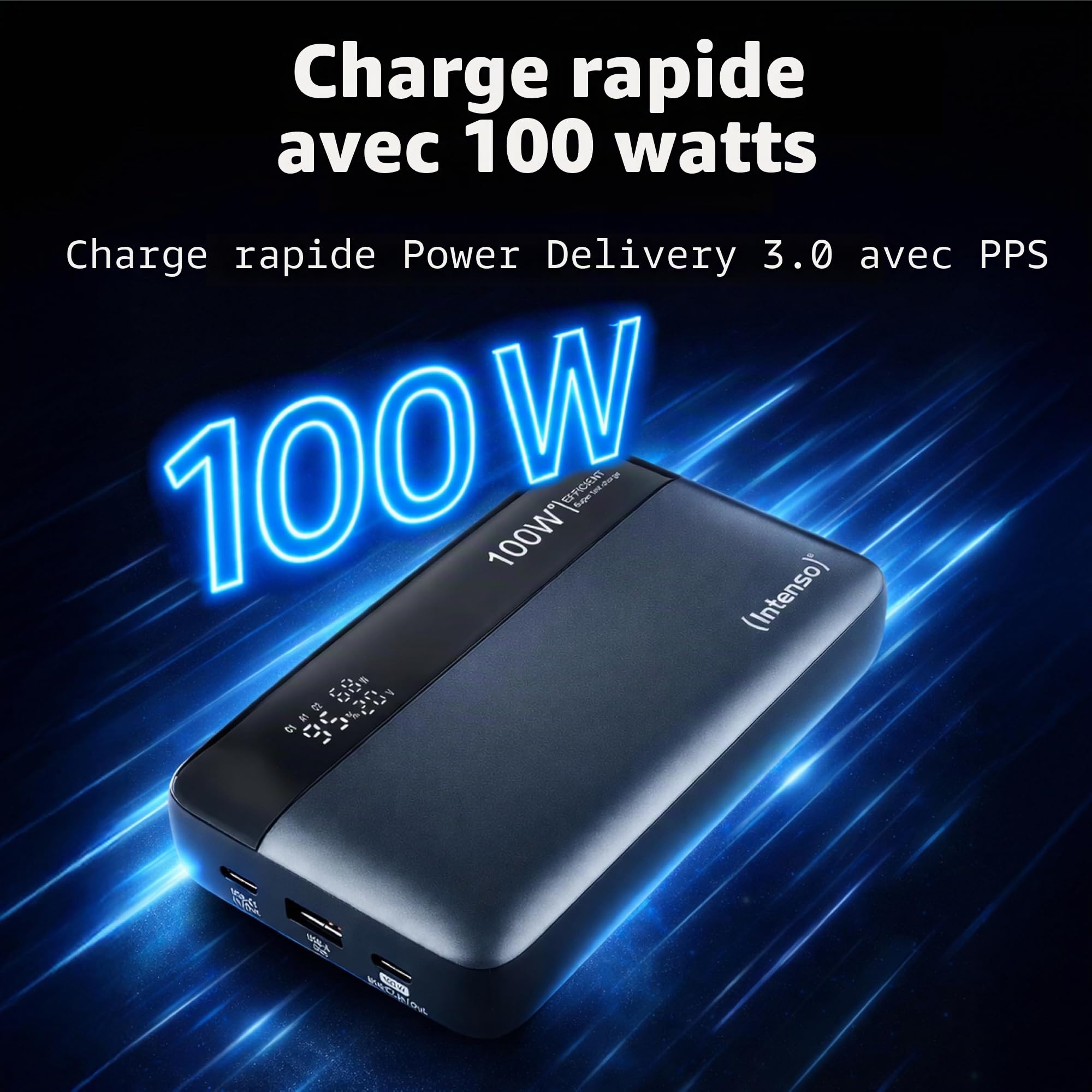 Intenso Powerbank HE20000 Batterie Externe avec Power Delivery (100 W) et câble de Charge USB-C vers USB-C, 20 000 mAh, Gris/Noir