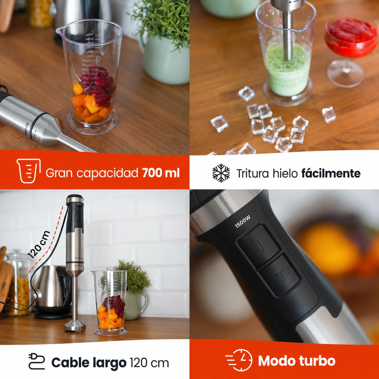 BlendFlex da 1500 W Frullatore a immersione – Frullatore in acciaio inossidabile con 20 velocità e funzione turbo, incl. misurino da 600 ml – Frullatore a immersione per frullati