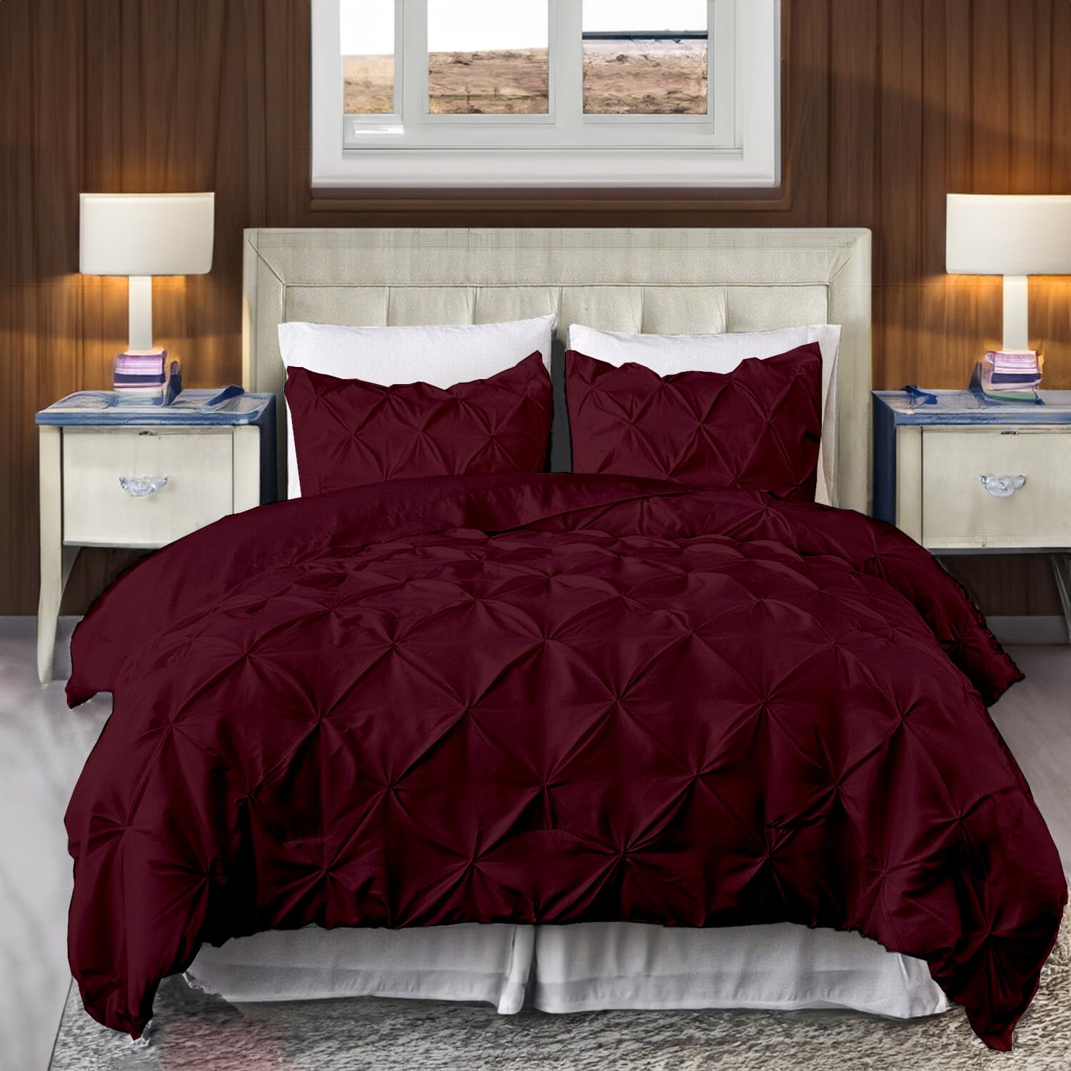 EASYCOT 800TC Diamond Pintuck Duvet Cover Egyptian Cotton 1 Piece Duvet Cover Pinch Pleat Comfortable Hotel Quality Bedding set - Wine,Emperor Size