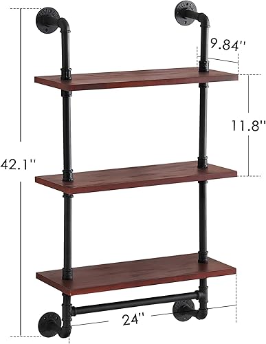 Miniatura 3 de ivinta Estantes flotantes de 3 niveles, estante de pared de tubo de 24 pulgadas, estantes de almacenamiento rústicos montados en la pared con
