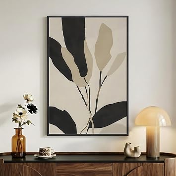 Framed Boho Abstract Wall Art for Living Room, Neutral Black Beige Wabi Sabi Botanical Leaf Prints Canvas Artwork for Walls, Minimalist Mid Century Modern Wall Decor for Bedroom Home Office, 24x36 In