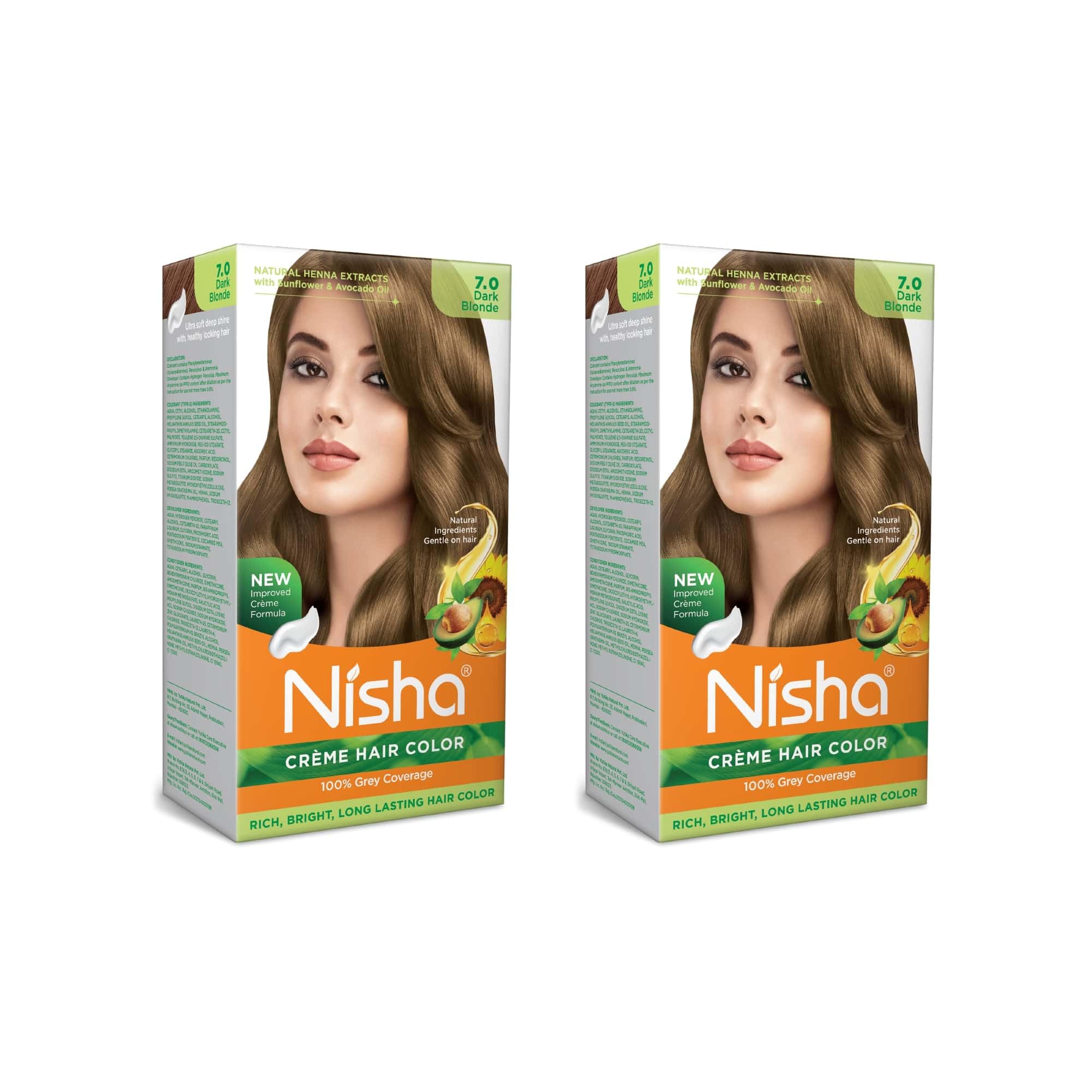 Nisha Cream Permanent Blonde Hair Color - 100% Gray Coverage - Dark Blonde Hair Dye, Shade 7.0 Pack of 2