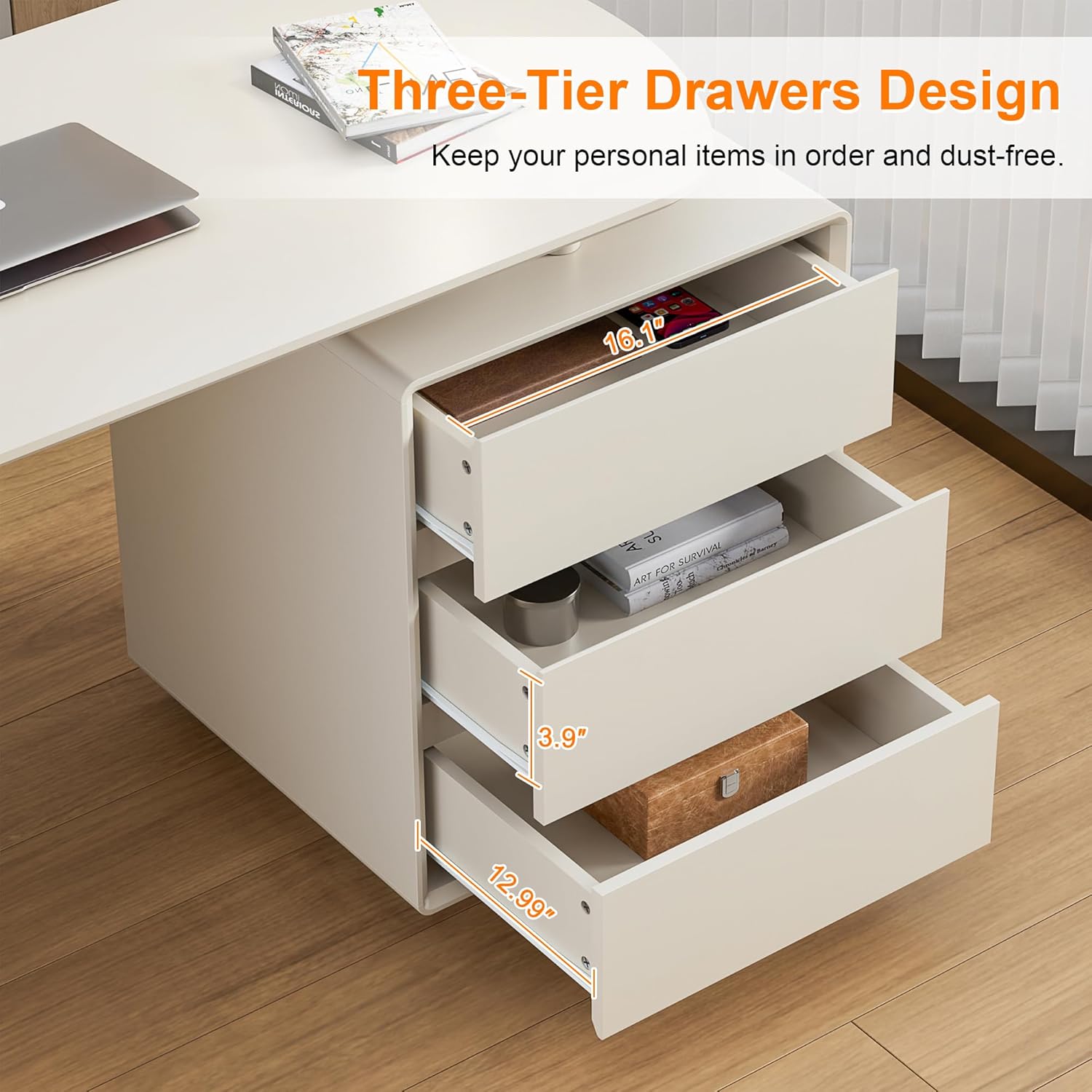 Qulomvs Desk with Drawers, 55inch Home Office White Desk with Drawers and Storage Shelves, Cream White Modern Simple Style Laptop Desk, Work Study Writing Table Workstation for Home Office