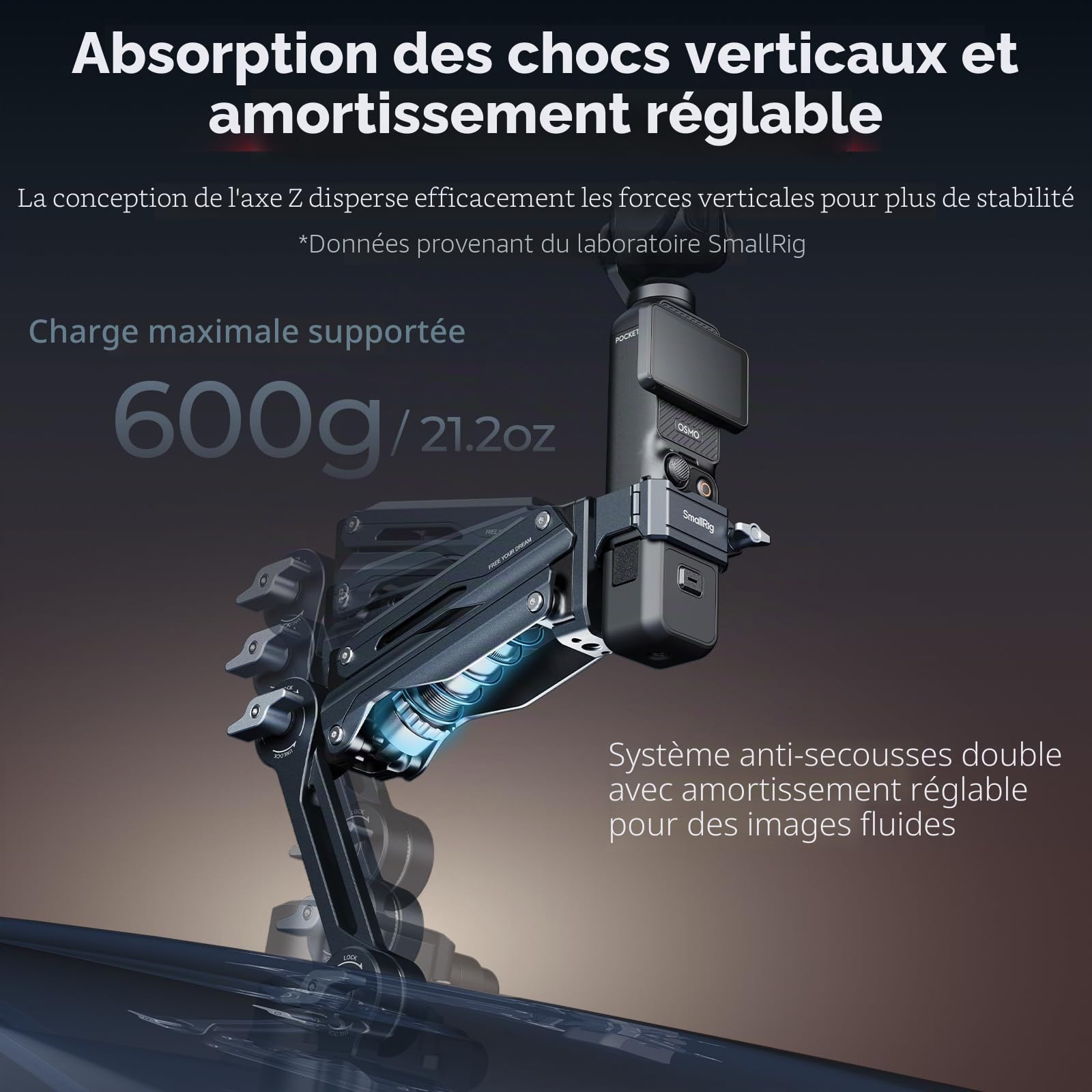 SMALLRIG Mini Bras Amortisseur, Ventouse 4 Pouces, Double Ressort et Amortissement Hydraulique, Support Voiture pour DJI Osmo Pocket 4/3, pour Insta360 Luna Ultra X5, avec Sac de Rangement - 5123