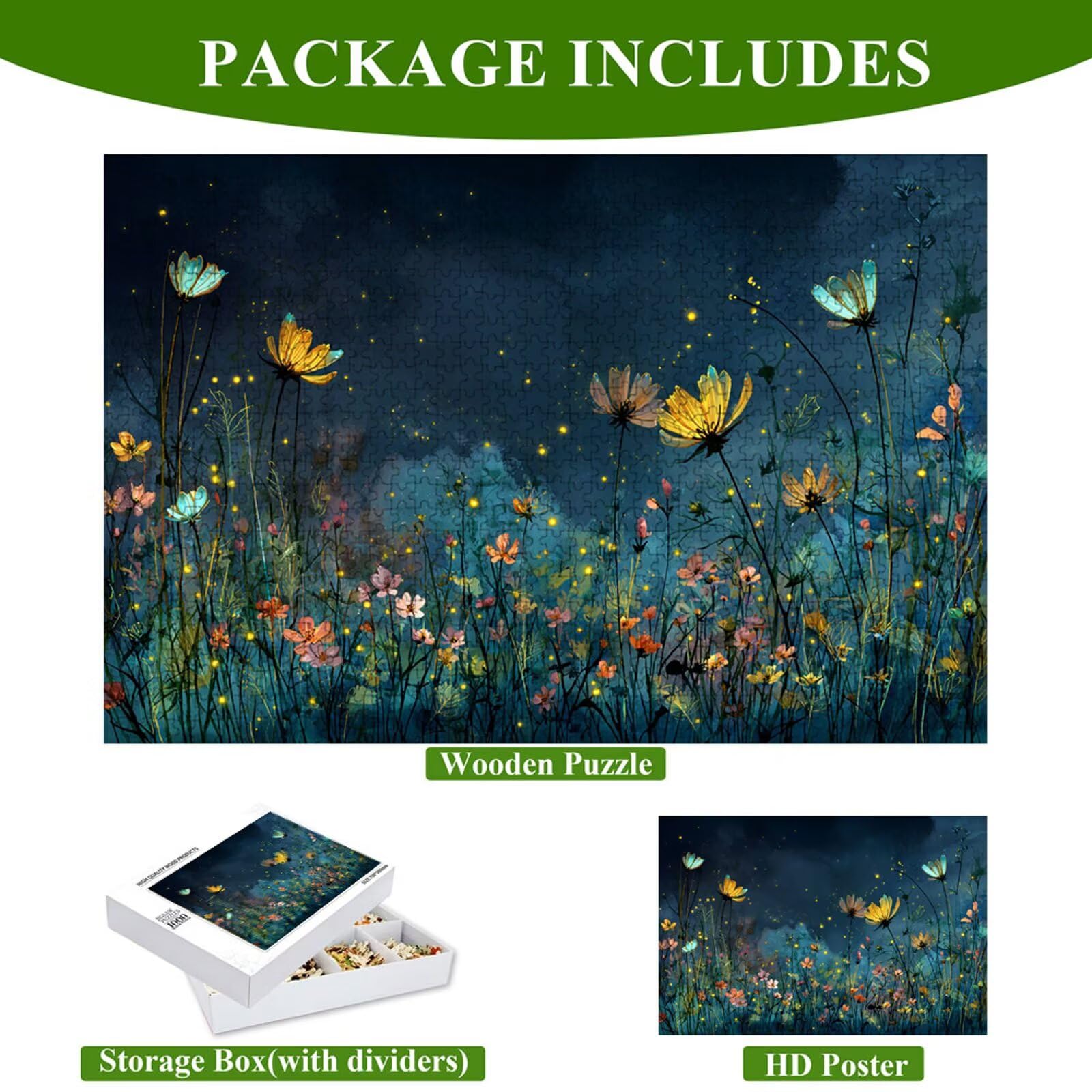 Puzzle 2000 sztuk - Kwiat i Nocny widok - Trwałe drewniane puzzle z literami na odwrocie - 75 x 105 cm - Kreatywne hobby bez kurzu - Artykuł kolekcjonerski i 14 lat w ponad P3#392