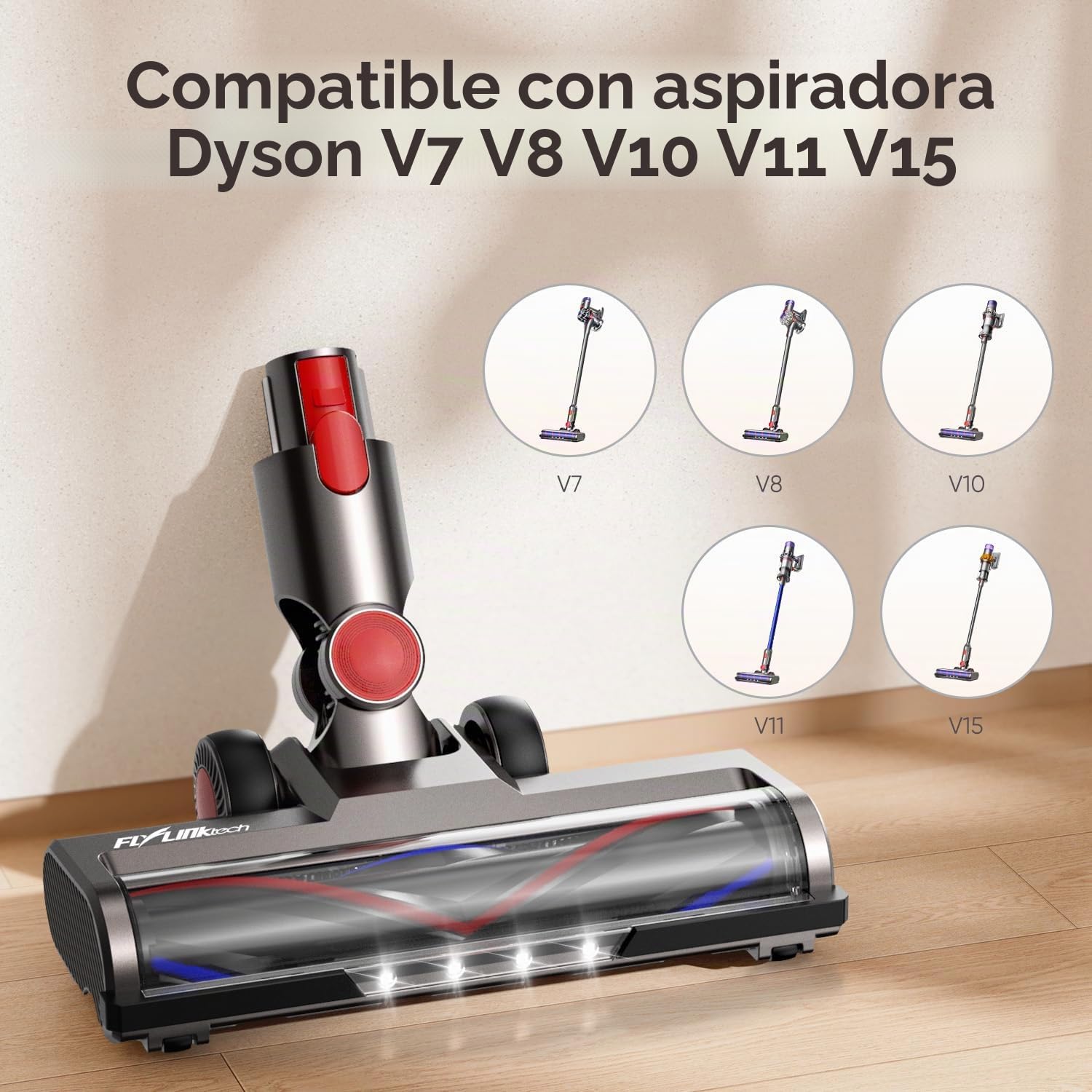Cepillo Compatible con V7 V8 V10 V11 V15 SV10 SV11 SV12 Aspiradoras – Cepillo de Repuesto Giratorio 180° con luz LED, Rodillo Suave + Rodillo Duro, Apto para Suelos Duros, alfombras y moquetas