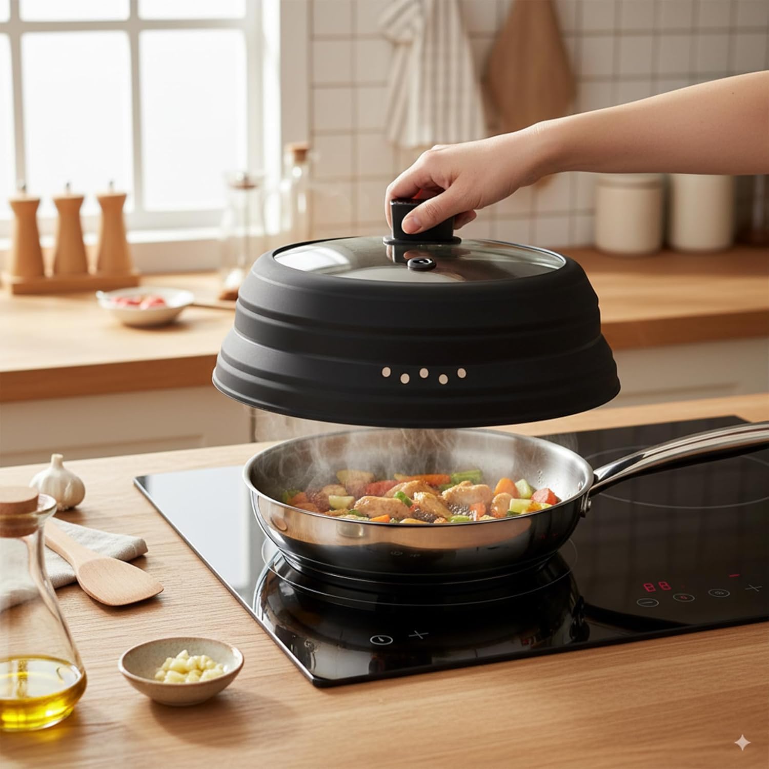 Couvercle anti-éclaboussures en verre pour micro-ondes - Couvercle pliable avec poignée en silicone pour casserole, assiette et bol - 24 cm (Noir, 9.8inch)