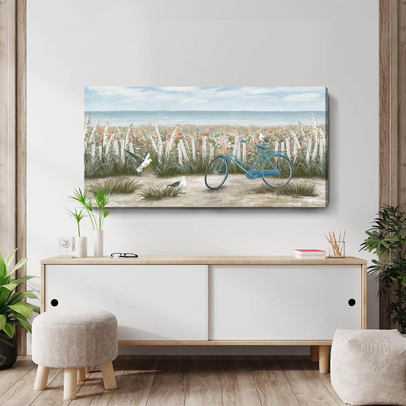 Canvas Wall Art for Living Room Boho Beach Coastal Floral Print Seaside Blue Bicycle with Pink Flowers Seagull Seascape Painting Seashore Wildflower