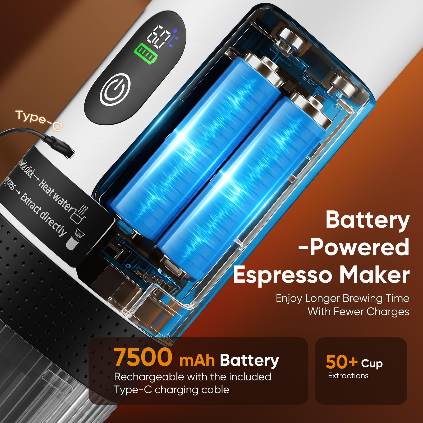 Macchina Caffe Portatile, Caffettiera Portatile 3-in-1 con batteria 7500 mAh,20 Bar, Autoriscaldante,USB-C,Piccola Macchina da Caffè 3 in 1 con Caffè Macinato e Capsule (NS & DG) per Camper - 4