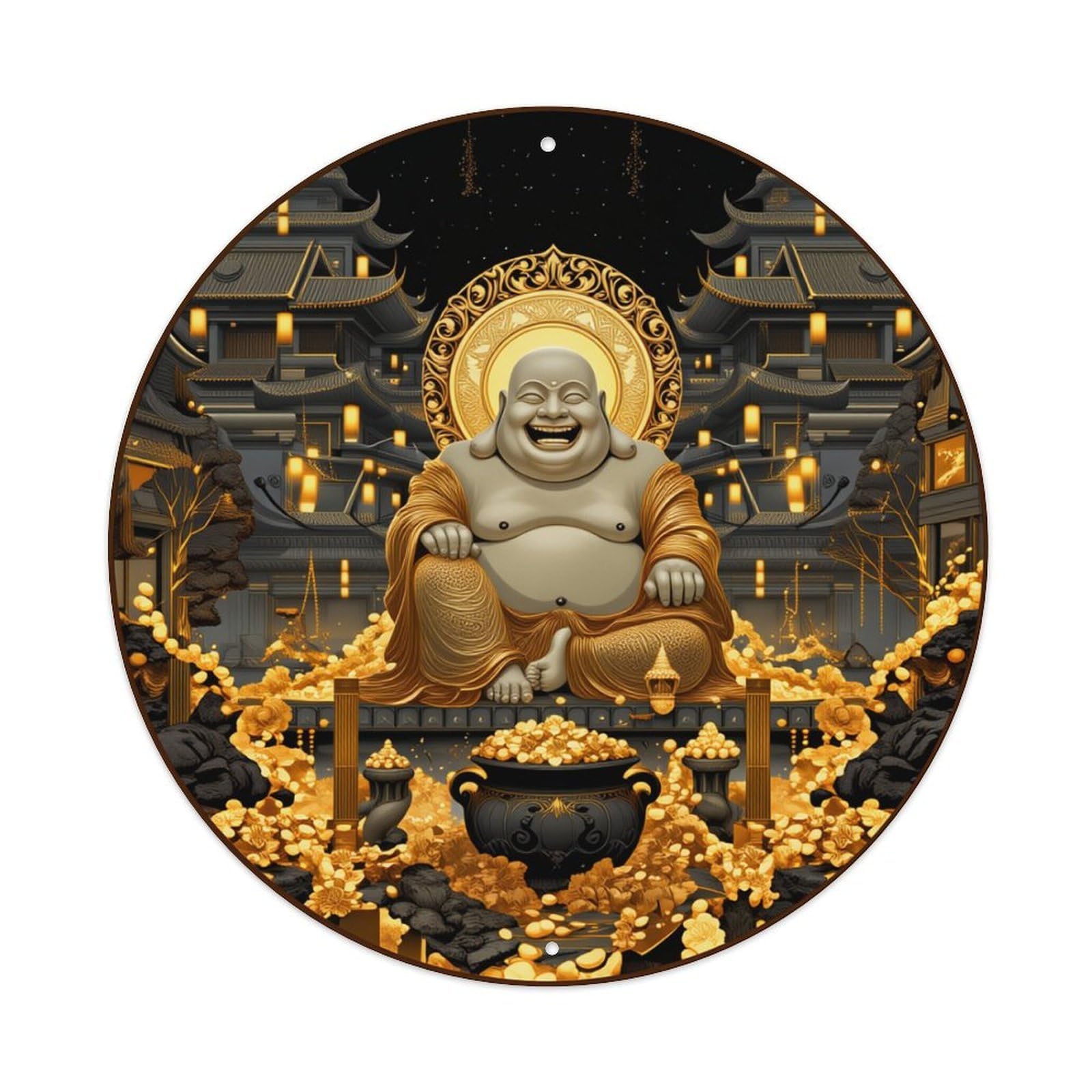 Buddha Golden Temple Wealth Fortune Round Tin Sign Retro Metal Sign for Cafe Bar Pub Home Game Room Gym Club Wall Decoration Vintage Metal Poster 8x8 Inch