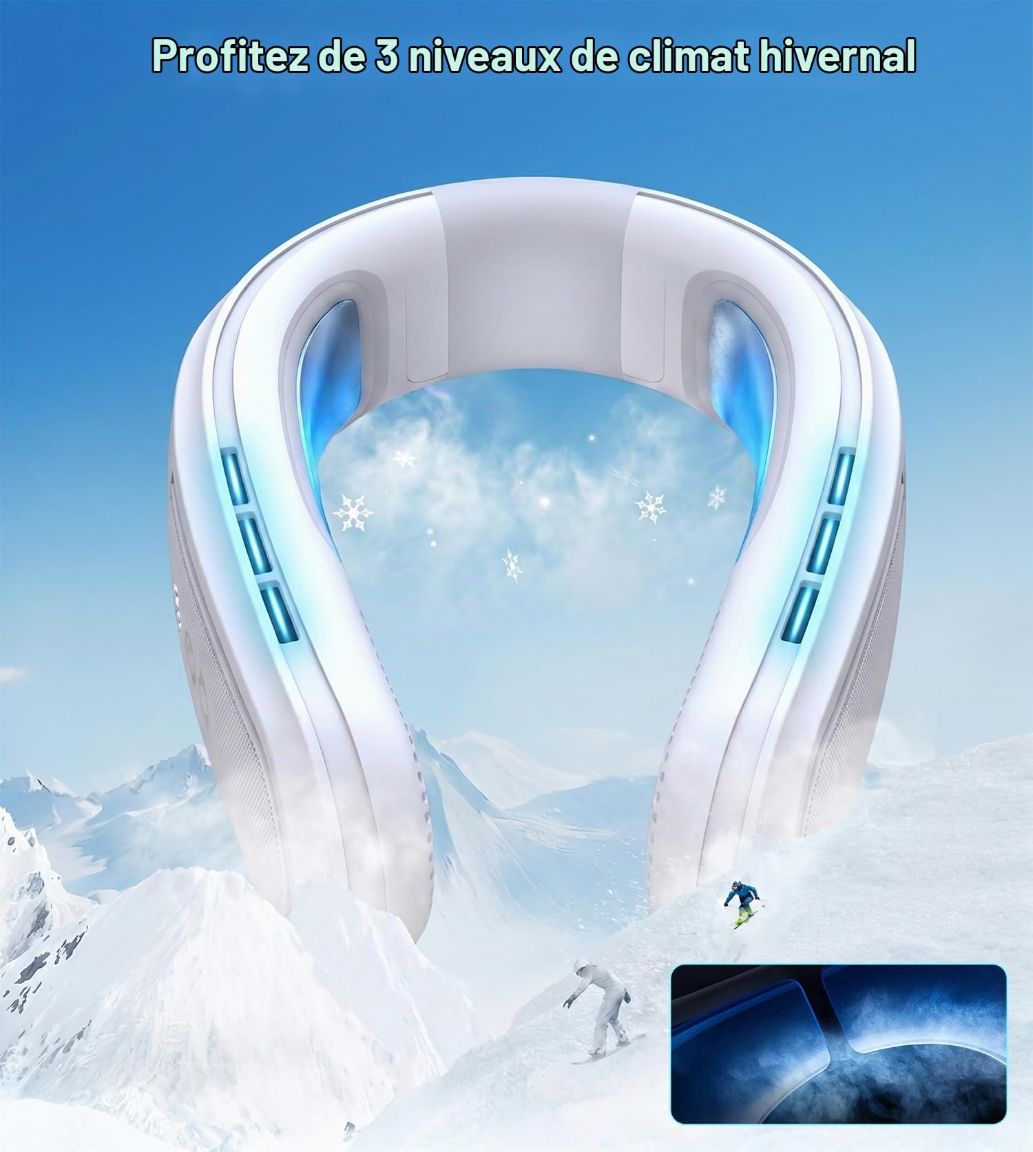 Ventilateur de Cou Portable avec 2 Plaques de Refroidissement Glacées, Ventilateur Climatiseur Cou Mobile Silencieux Rechargeable à Air Froid, Double Turbo, Cadeaux pour Voyage Plage Bureau Femme