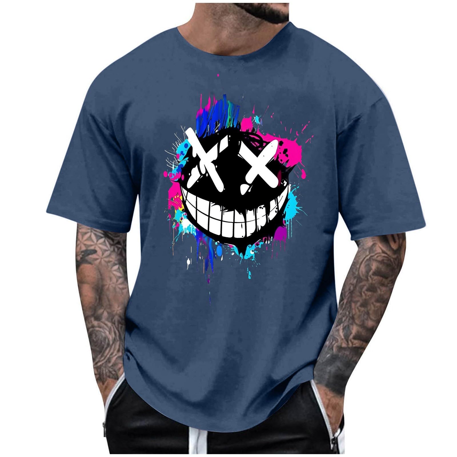 Mens Graphic Print Crew Neck Short Sleeve T Shirt Soft Cotton Blend Casual Streetwear Top Funny Fashion Basic