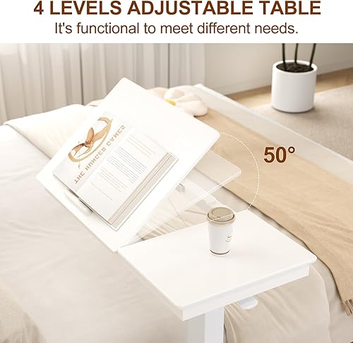 Miniatura 29 de Mesa de Cabecera de Madera Maciza sobre la Cama con Ruedas, Mesa de Cama de Hospital Médica Ajustable con Superficie Inclinable sobre la Cama,