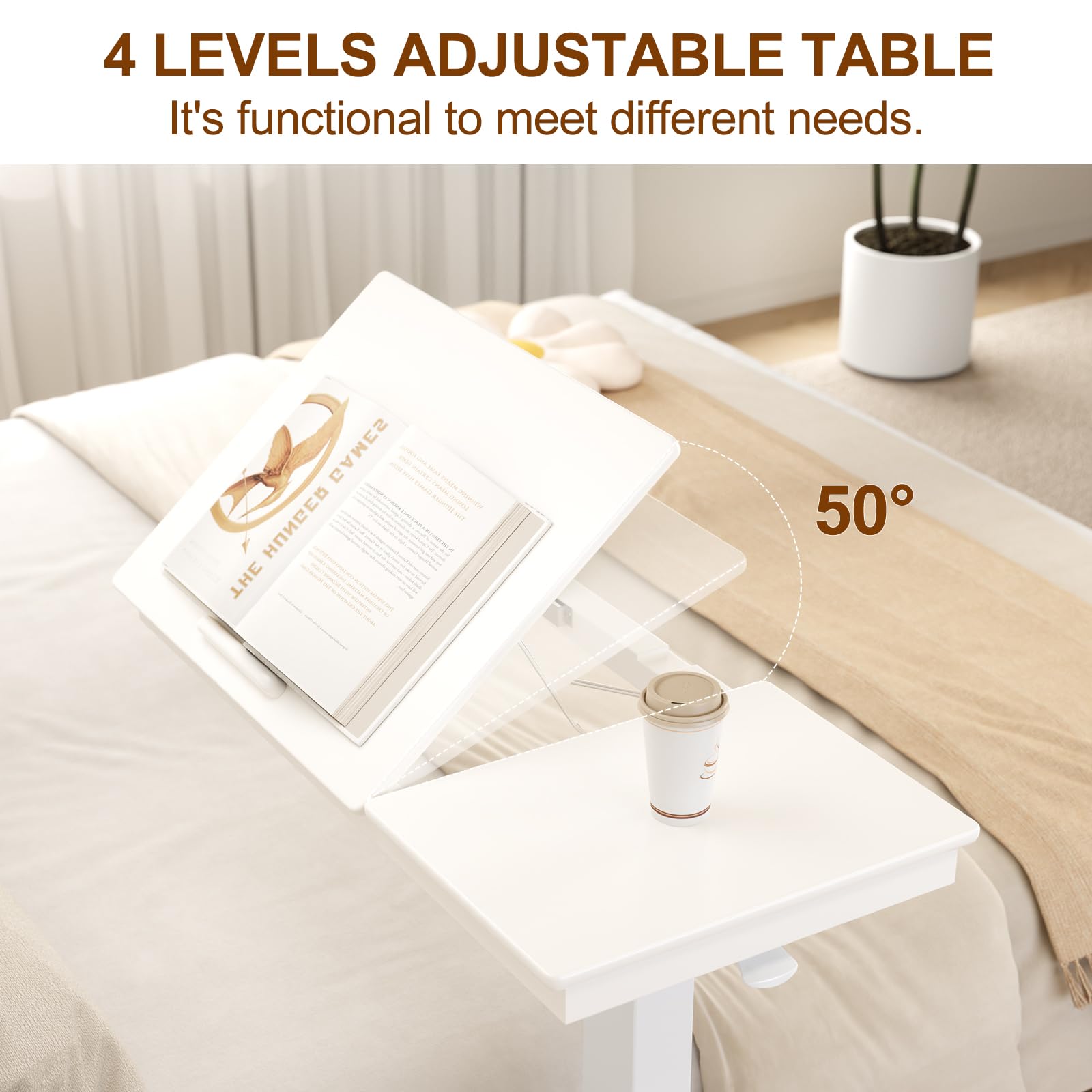 YQJJGL Mesa de Cama Ajustable con Ruedas, Tablero Dividido inclinable de Madera Maciza, mesita de Noche con Bandeja Deslizante para Laptop, Altura Regulable 70-111 cm,Blanco