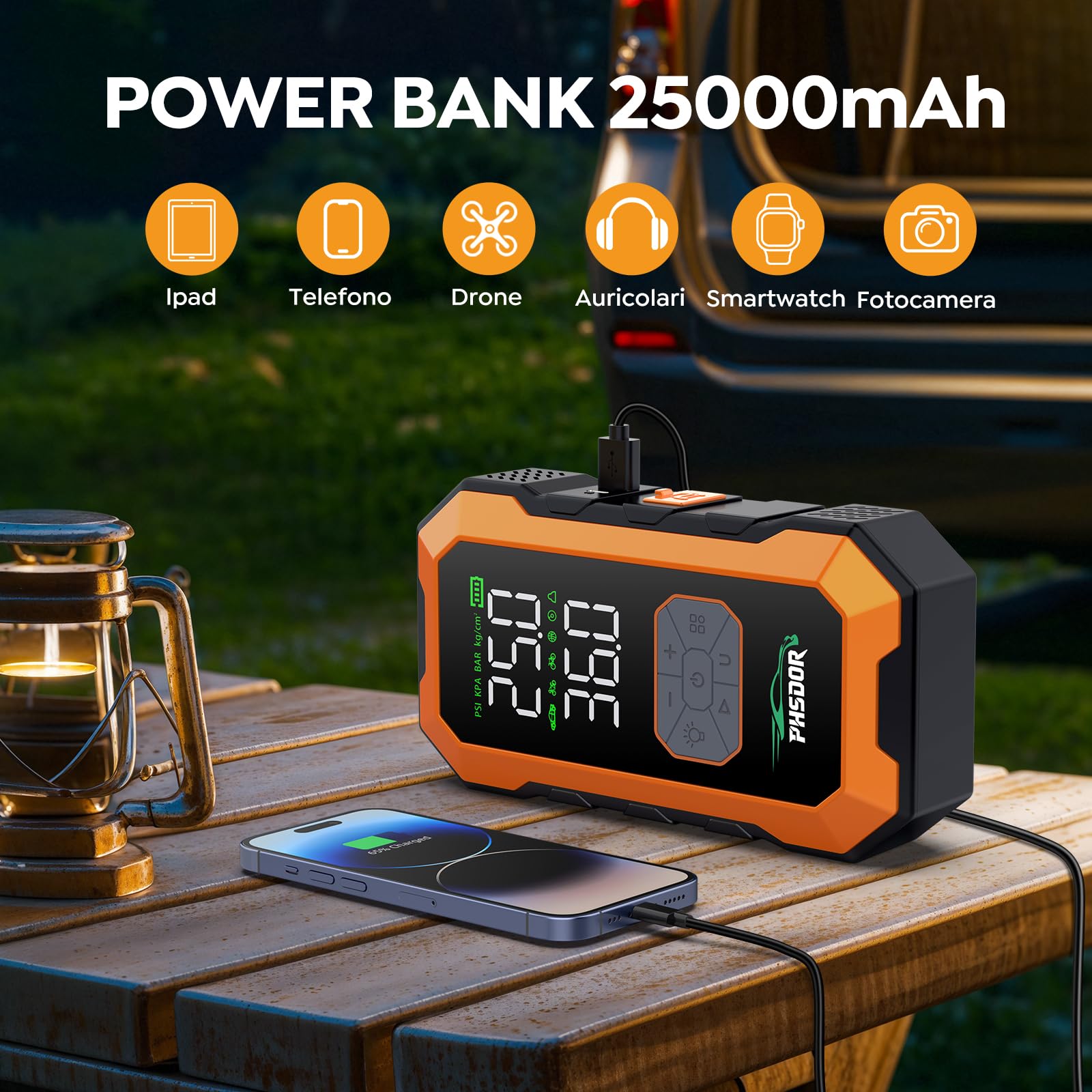 Car Battery Starter with 150PSI Compressor, 8000A 25000mAh Booster Car Start (All Gas/10.0L Diesel), Emergency Starter Battery with LED Flashlight - 5