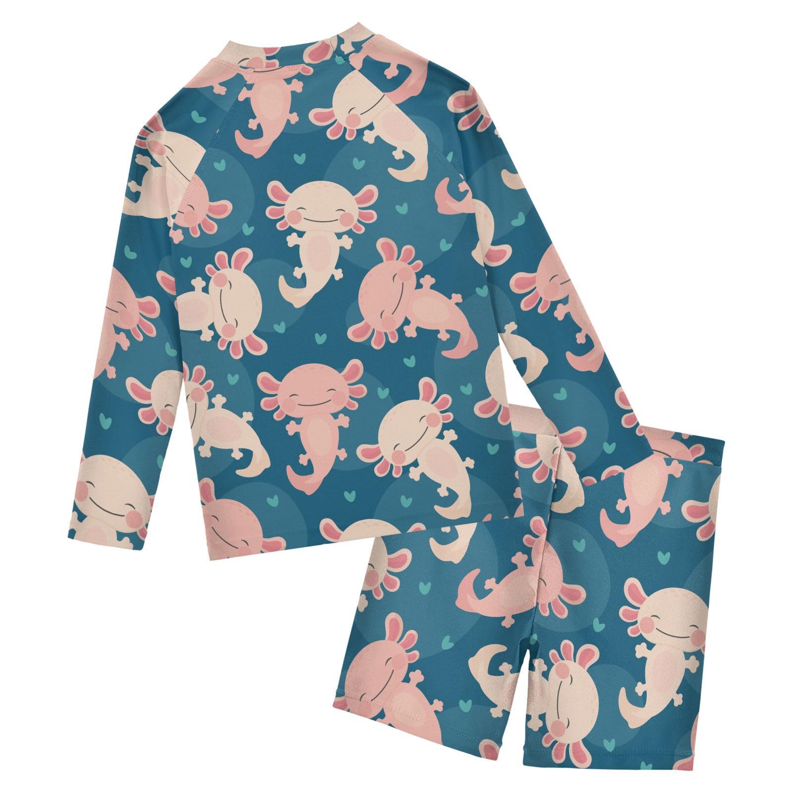 Aflyko Kids' Bathing Suit Set Axolotl Cartoon Heart Long Sleeve Swim Tops with Shorts Summer Vacation Pool Party Rashguard Fun Cute Toddler Infant Beachwear, 4T Multicoloured