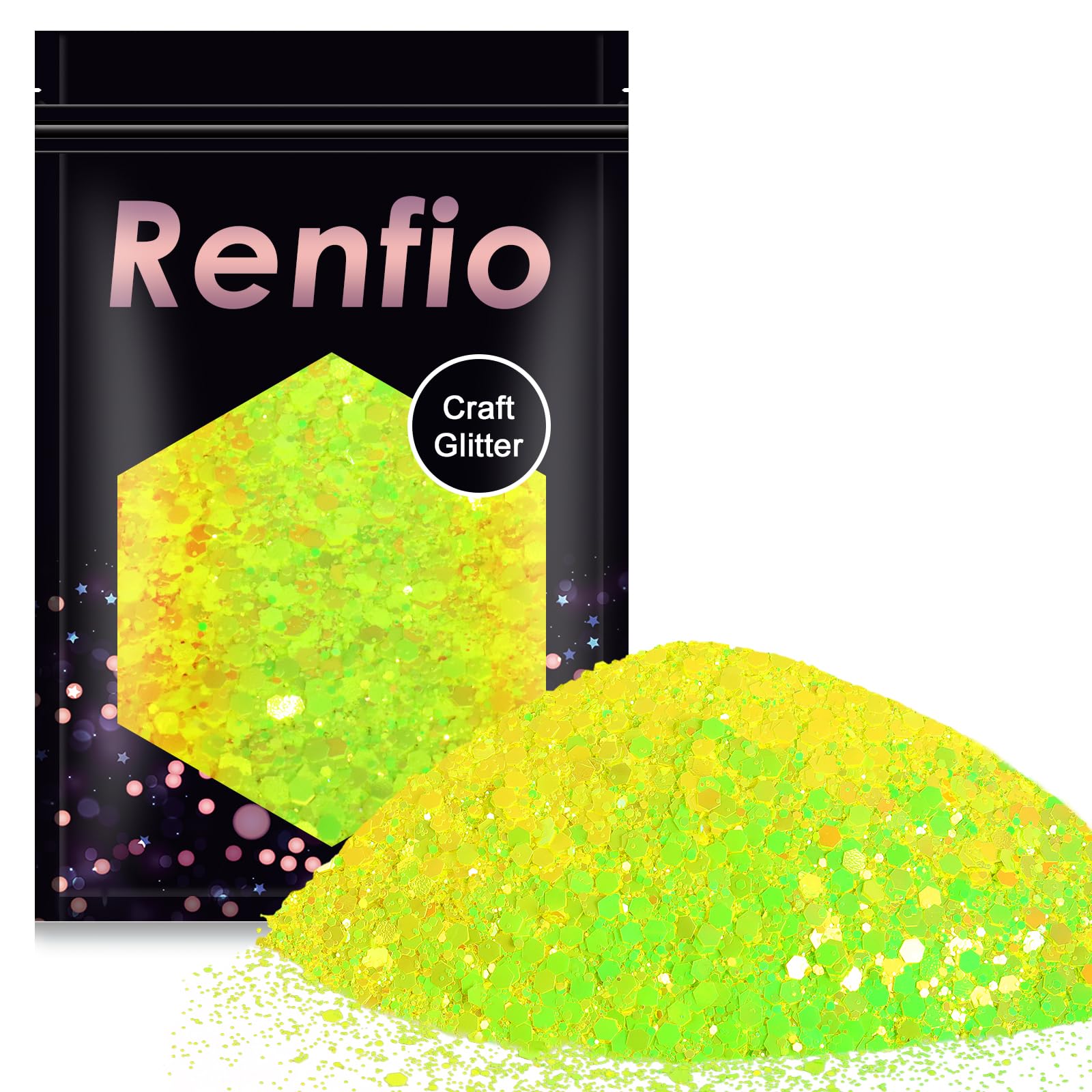 Renfio Chameleon Chunky Glitter, Mixed Fine Powder Color Shift 1.75 Oz 50g PET Flake Hexagon Yellow Green Glitters Sequin Resin Pigment Chip Dust for