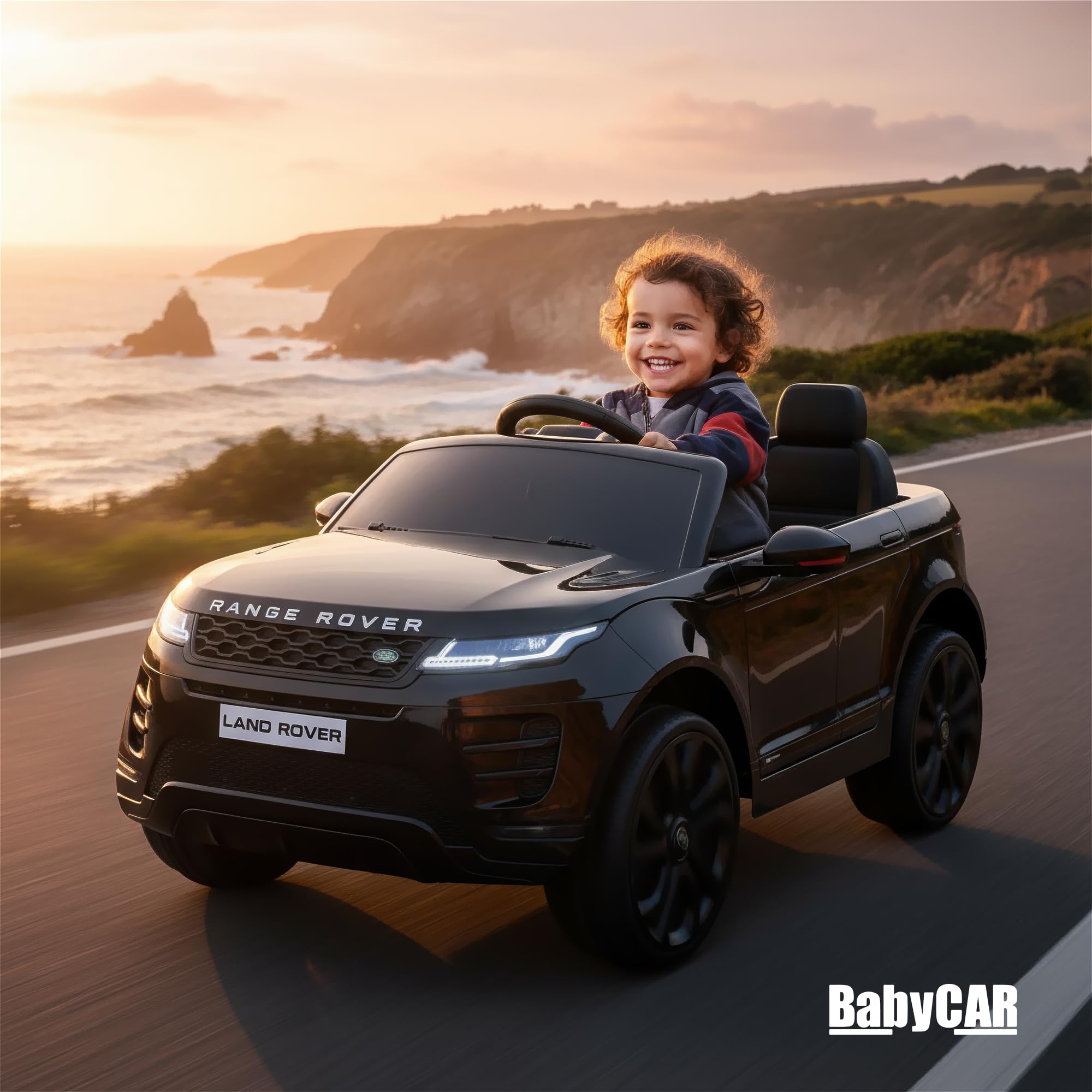 BabyCar Range Rover Evoque | Macchina per Bambini Elettrica Telecomandata 12V 2 Motori 35W | Auto Elettrica per Bambini 2 Posti | Sedile Pelle, Porte Apribili, USB | Licenza Ufficiale | Nero, MP3