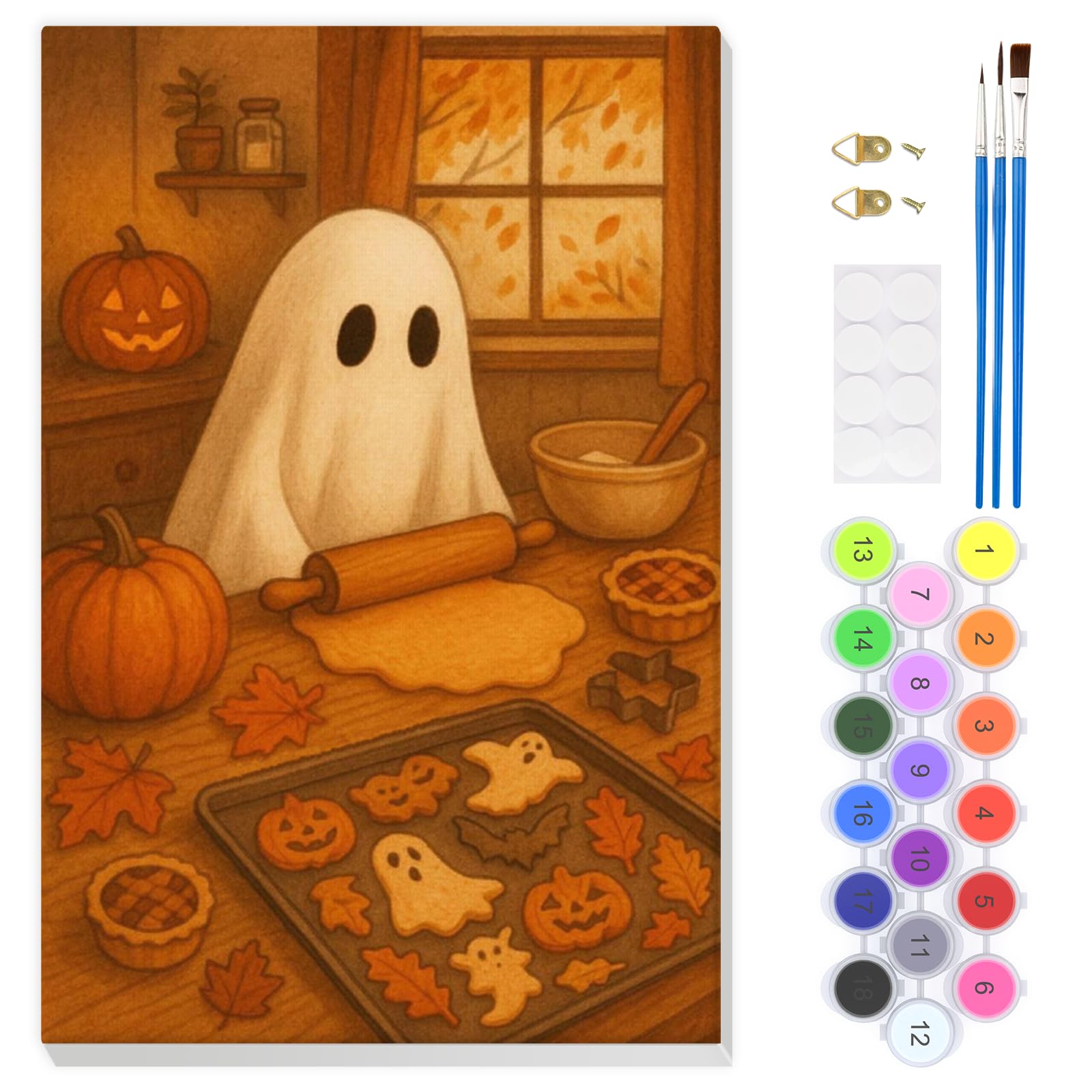 EOBROMD Halloween Paint by Numbers for Adults with Frame, Ghost Paint by Numbers Kits, Pumpkin Biscuit DIY Color Oil Painting Acrylic Easy Painting by Numbers for Gift Home Wall Decor (8x12inch)