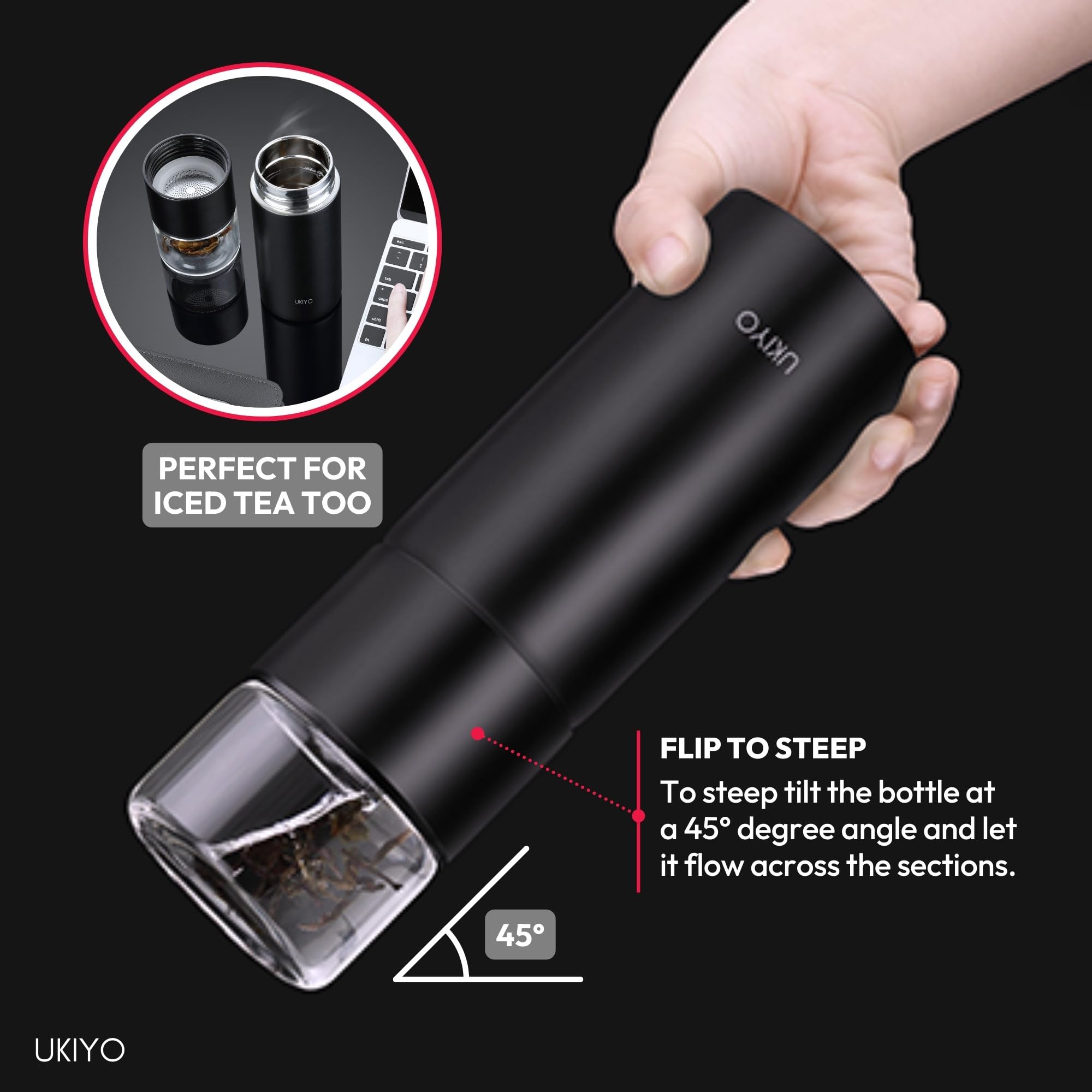Ukiyo - Botella de acero inoxidable y vidrio con infusor de té y frutas, vaso de viaje con filtro de acero inoxidable