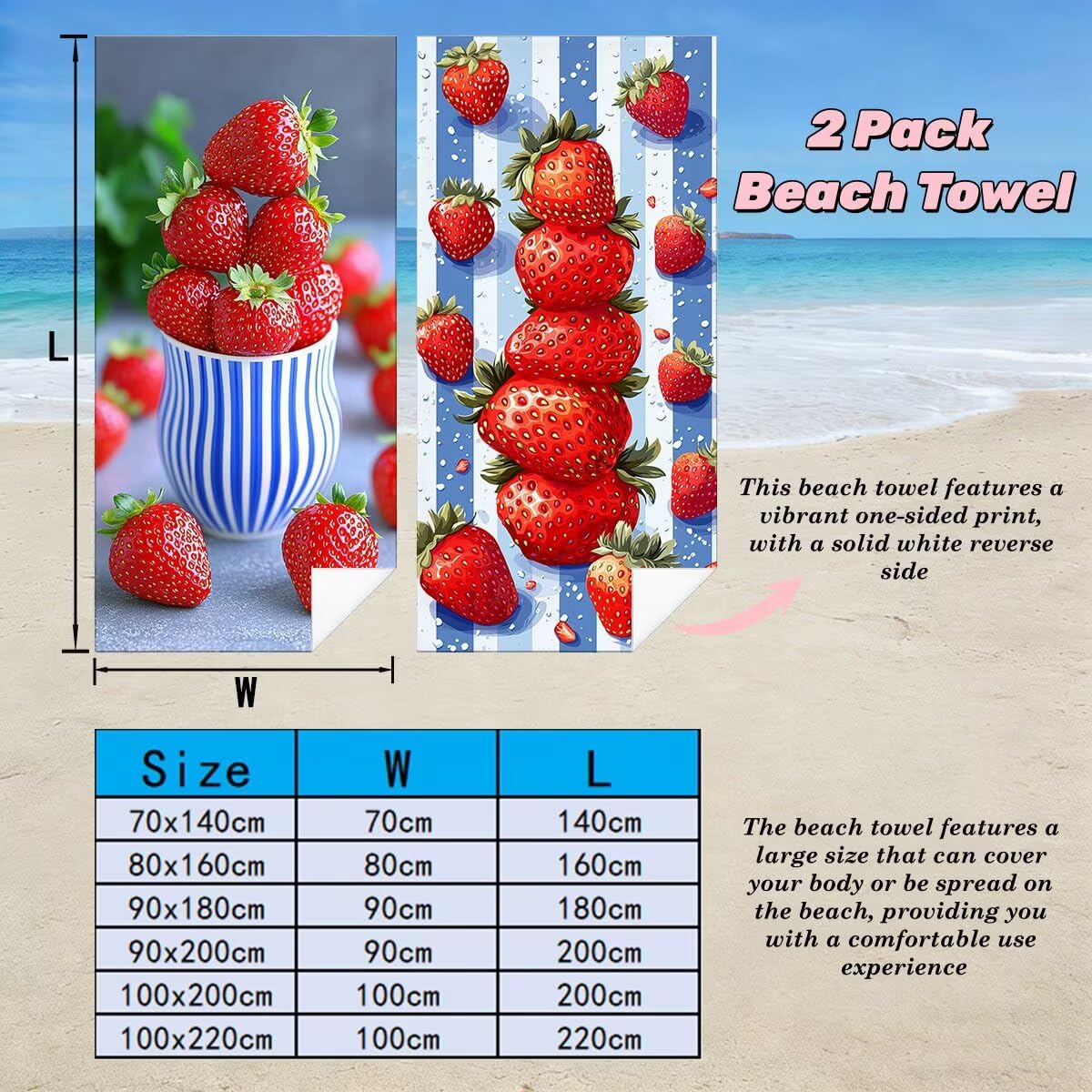 Toalla Playa 90x180 cm, Toalla Gimnasio Microfibra Secado Rapido, Juego de 2 Antiarena Toallas de Playa, Ligera Compacta Toallas Microfibra Grande para Viaje, Regalo Hombre Regalo Mujer (Fresa) -5047
