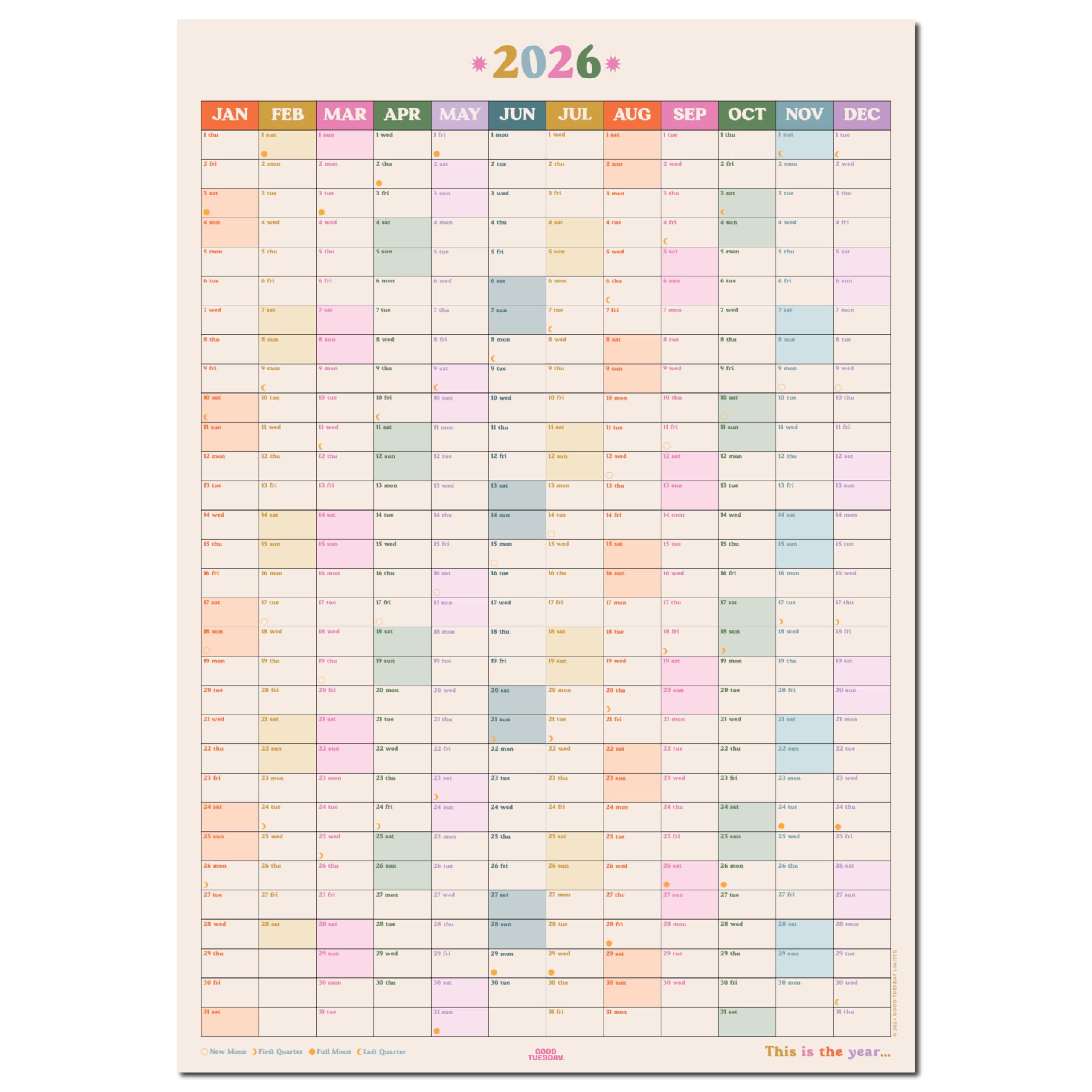Good Tuesday - 2026 Year Wall Planner, This is the Year Planner - Portrait Layout - with Week Numbers & Moon Phases - Non-toxic Vegetable Ink, 150gsm Bleed-proof Paper, UK Made, 70 x 49 cms