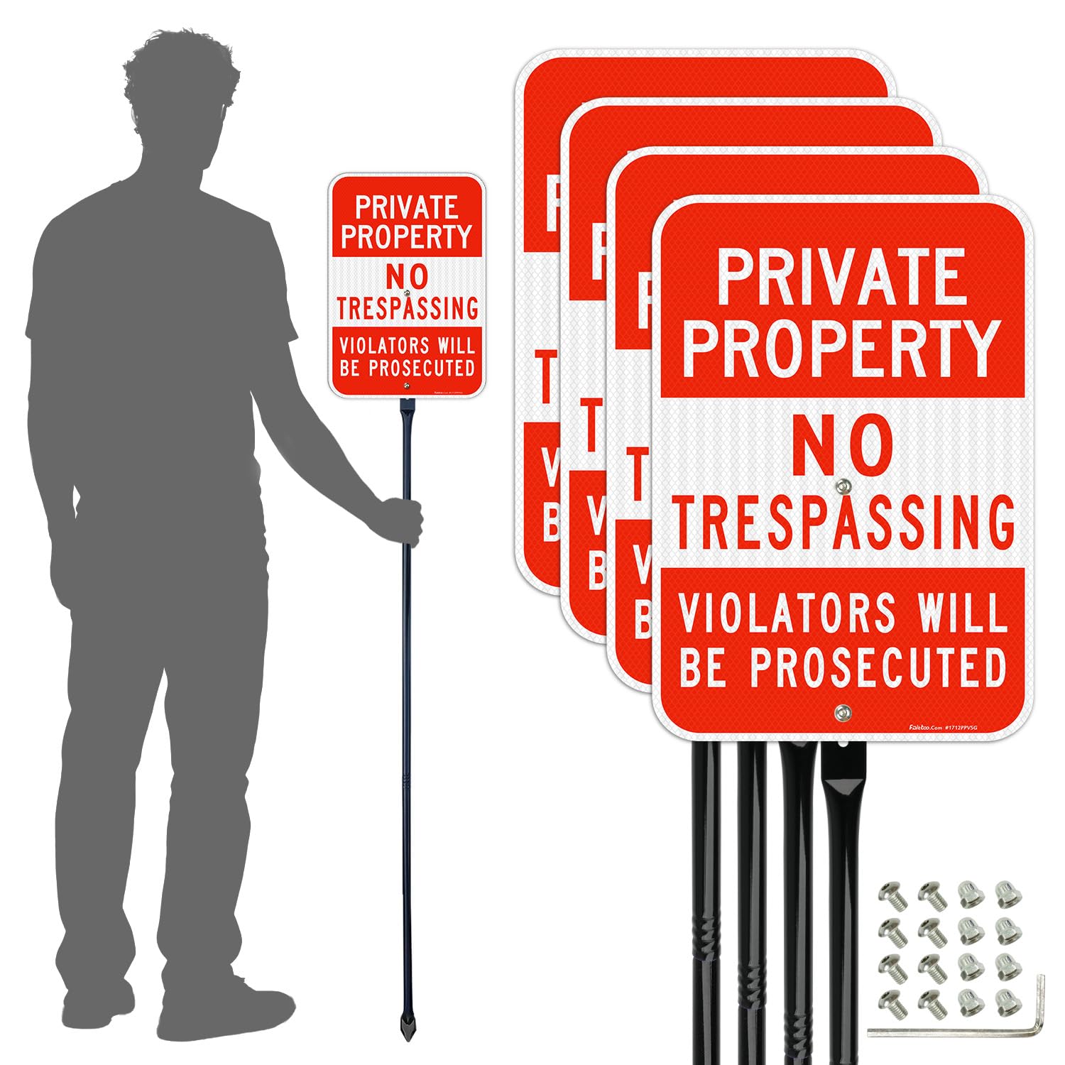 Faittoo Letrero de propiedad privada con estaca gruesa de metal de 54 pulgadas, violators will be prosecuted, paquete de 4 láminas reflectantes de grado de ingeniero de 17 x 12 pulgadas, aluminio