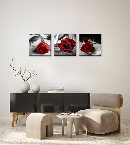 Miniatura 4 de NAN Wind Lienzo impreso en lienzo de 3 piezas de rosa roja y negra, pintura artística abstracta para pared, decoración de flores en lienzo para