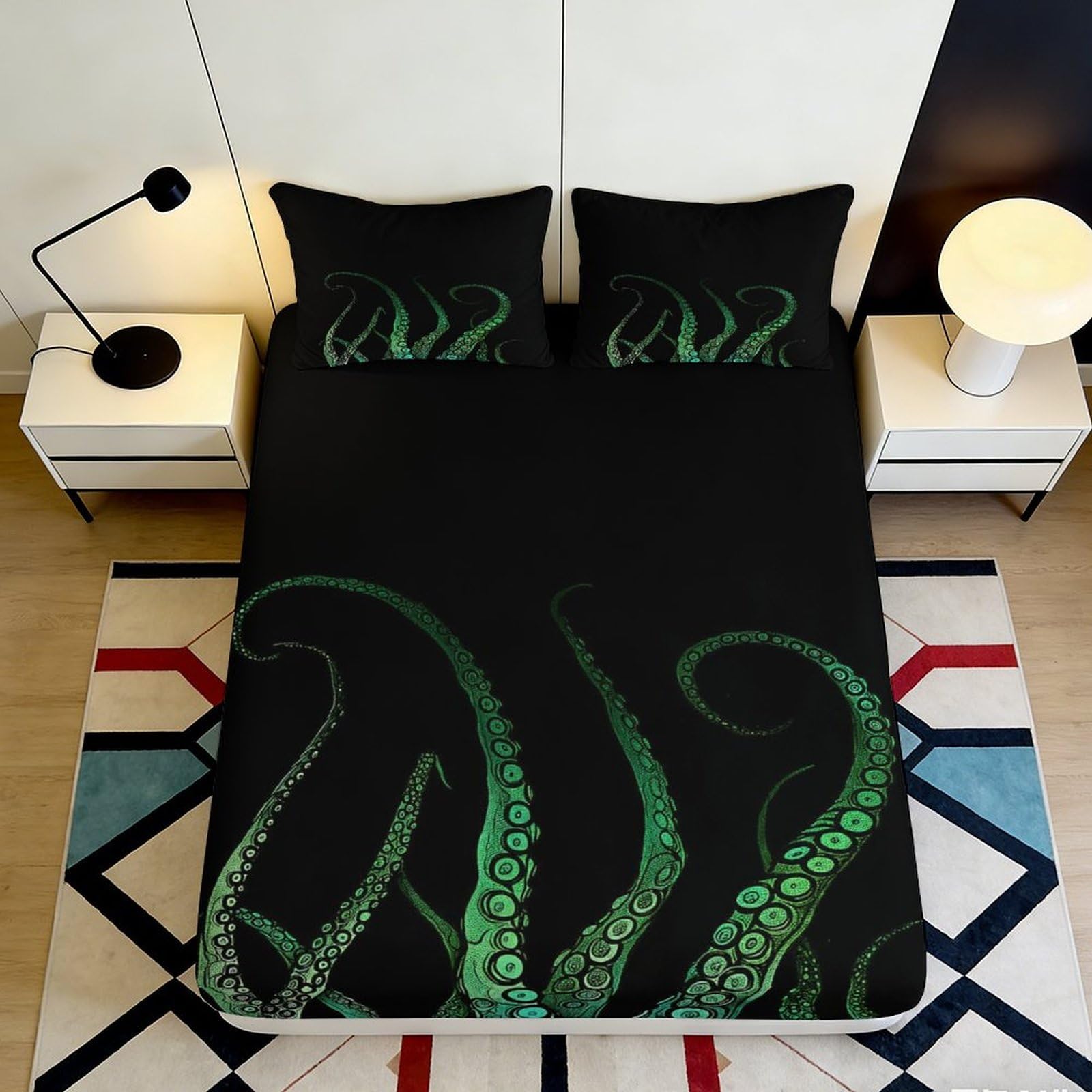 3D Printed Octopus Tentacle Fitted Sheet Microfiber Soft Black Green Sea Creature Bed Cover for Bedroom Dorm Mattress Decor 90x200x25cm