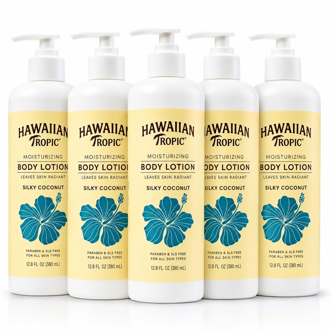 Hawaiian Tropic Body Lotion, 5 Pack, 12.8 fl oz Pump Bottles, 64 fl oz Total, Bulk Body Lotion for Hotels, Guest Bathrooms and Hospitality Use