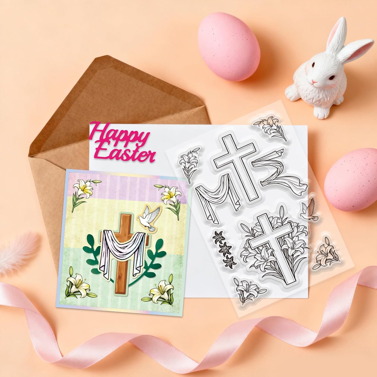 GLOBLELAND 4 Sheets Easter Cross Clear Stamp for Scrapbooking Ribbon Rabbit Silicone Stamps Easter Egg Bunny Transparent Stamp Set for Card Making DIY Embossing Journaling image 4