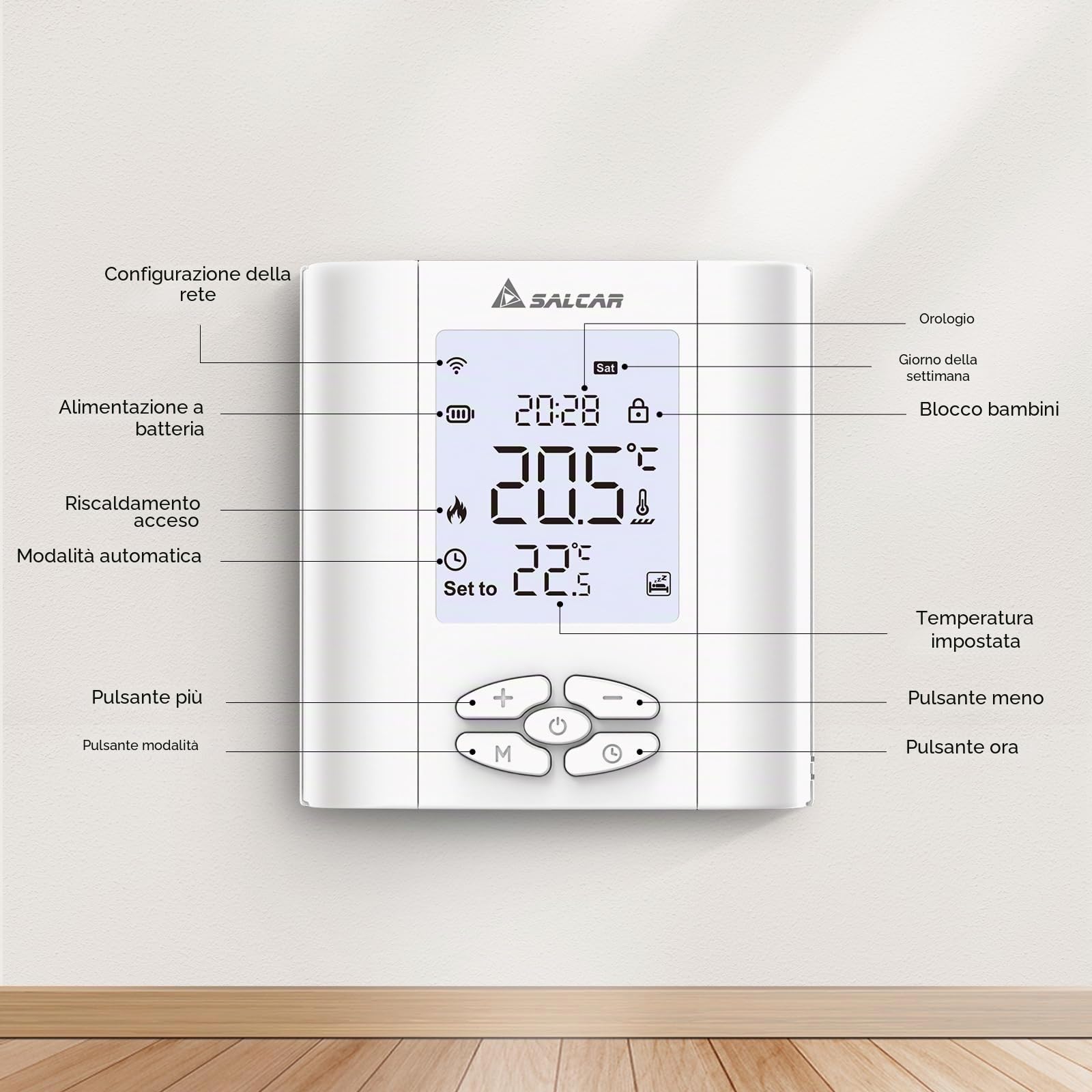SALCAR Termostato intelligente per riscaldamento Wi-Fi, T5W, programmabile, termostato da parete WiFi con Umidità, compatibile con Alexa e Google