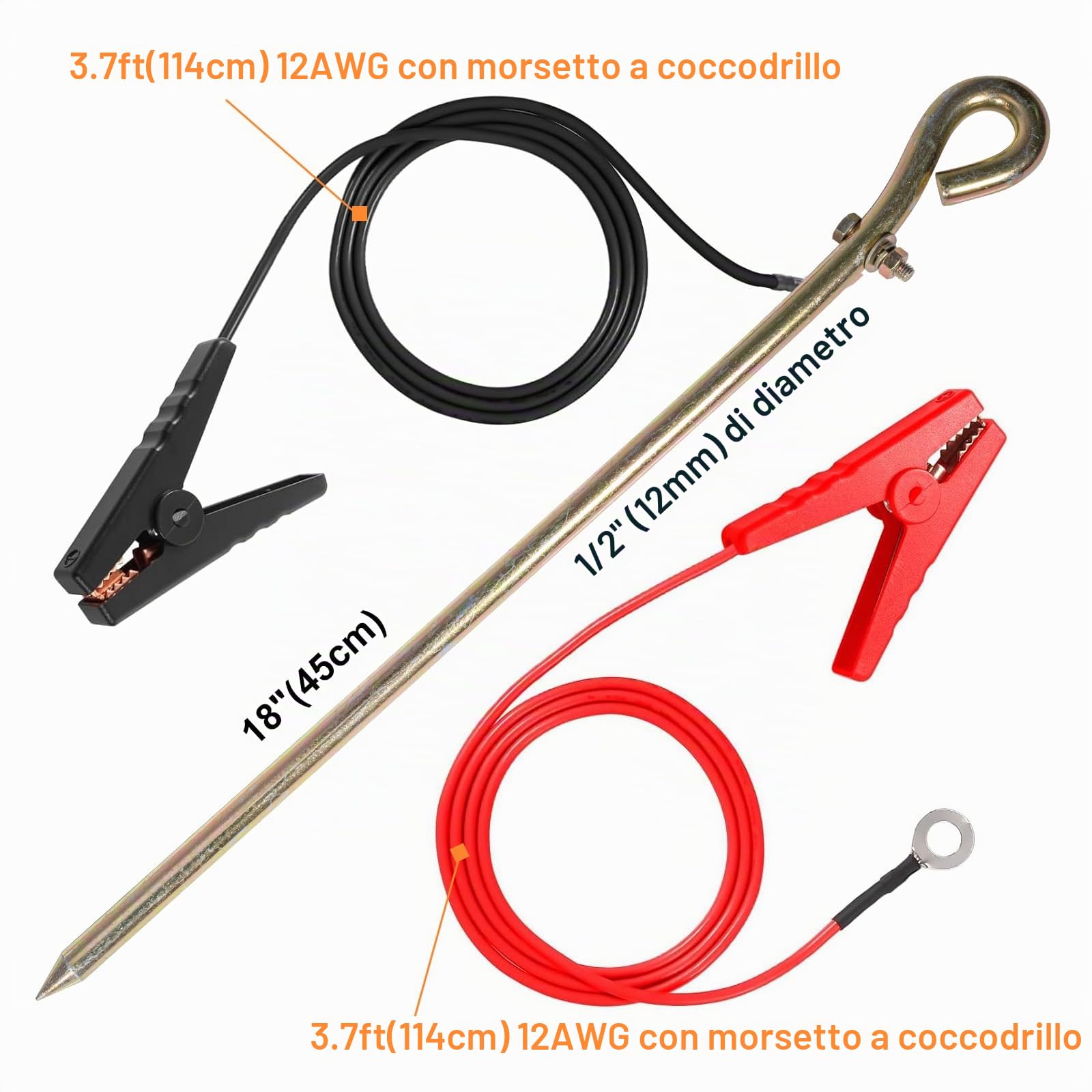 45cm Perno di Terra per Recinto Elettrico con Cavo di Collegamento | Cavo con Pinze per Energizzatore e Caricatore Solare, Accessori per Recinto Elettrico