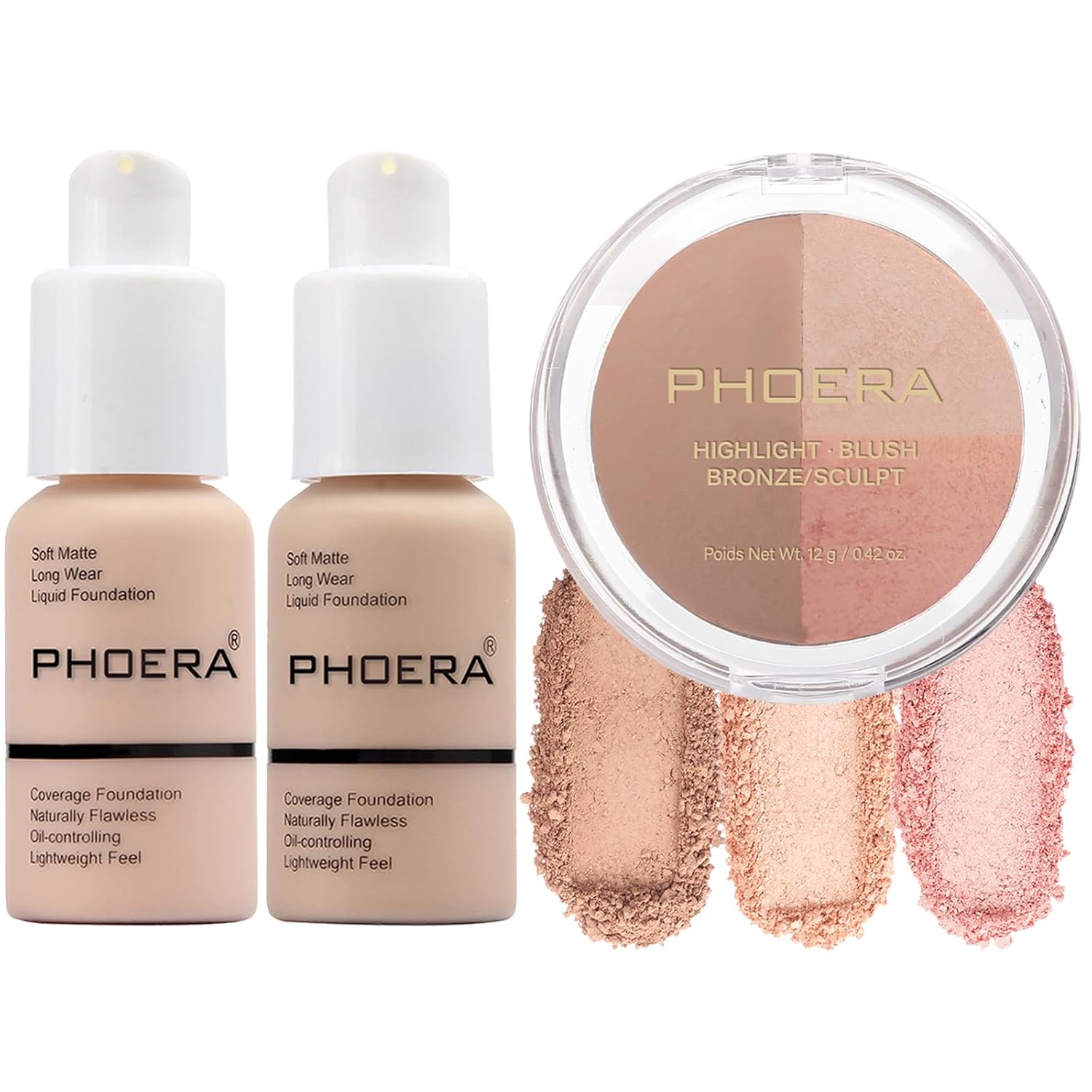PHOERA Foundation, PHOERA Contour Palette,Shades with Highlighter & Bronzer & Blush,PHOERA Makeup Lightweight Long Lasting Wrinkles Matte Natural Finish (101+102+ #001 Contour/Porcelain+ Nude+#001)