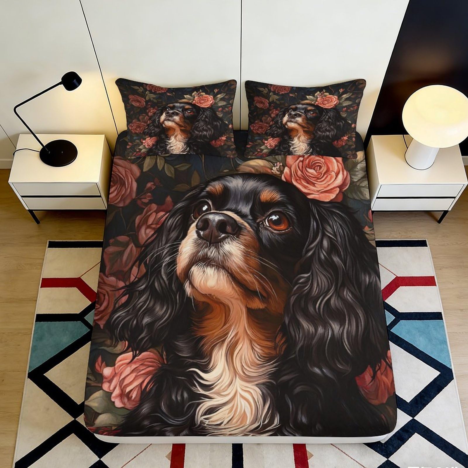 3D Printed Floral Dog Fitted Sheet Microfiber Deep Pocket Bedding Set, Washable Floral Dog Mattress Fitted Cover 90x200x25cm