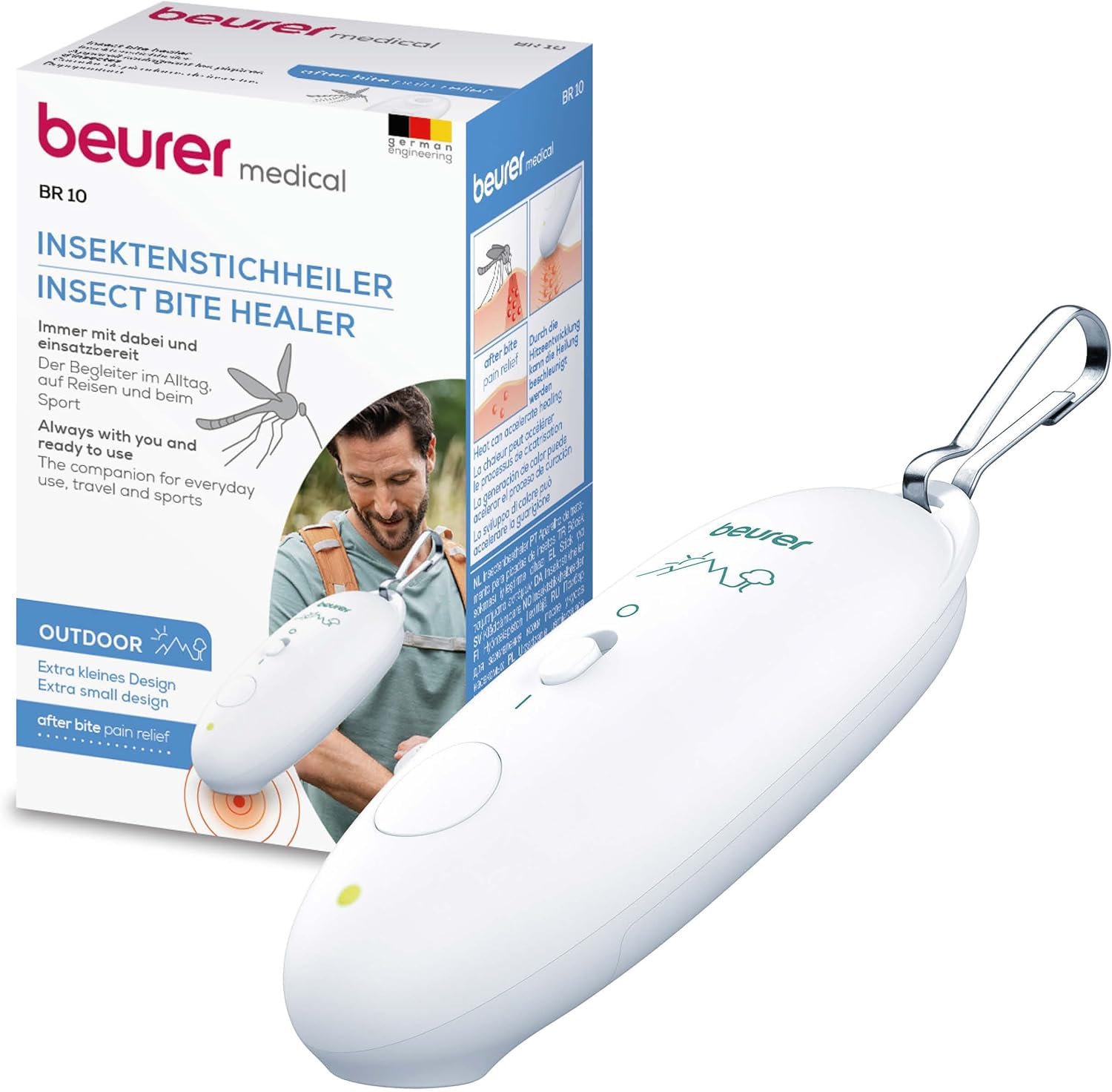 Beurer BiteX Travel Insektenstichheiler BR 10, zur Behandlung von Insektenstichen und -bissen, Stichheiler gegen Juckreiz, kleiner Wärmestift mit Karabinerhaken, Reise-Gadget