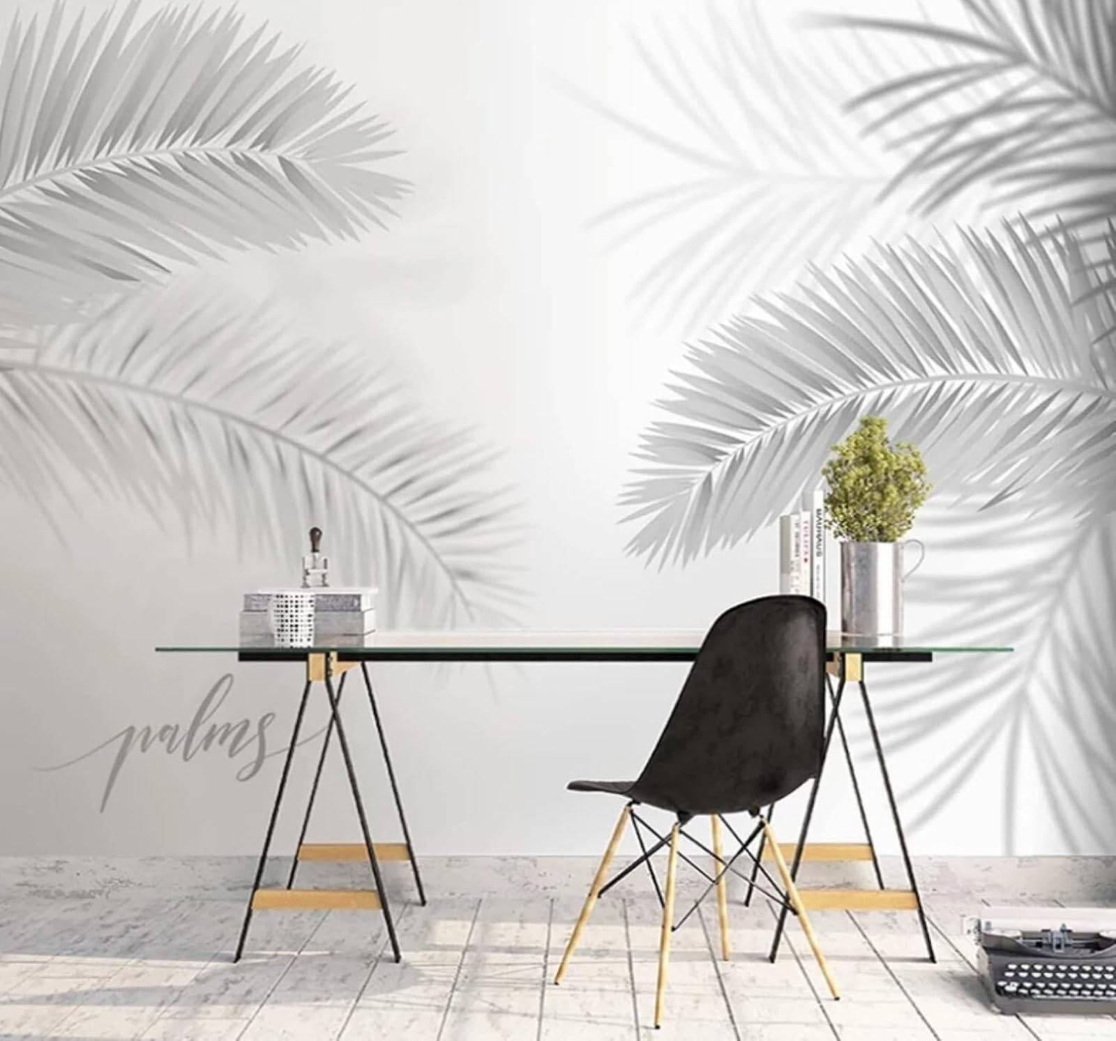 XLMING Minimalist Three Dimensional Black and White Plants Leaves 3D Wallpaper Luxury Silk Study Dining Feature Sofa Grey Bedroom Living Room Tv Decorative Wall-200cm×140cm