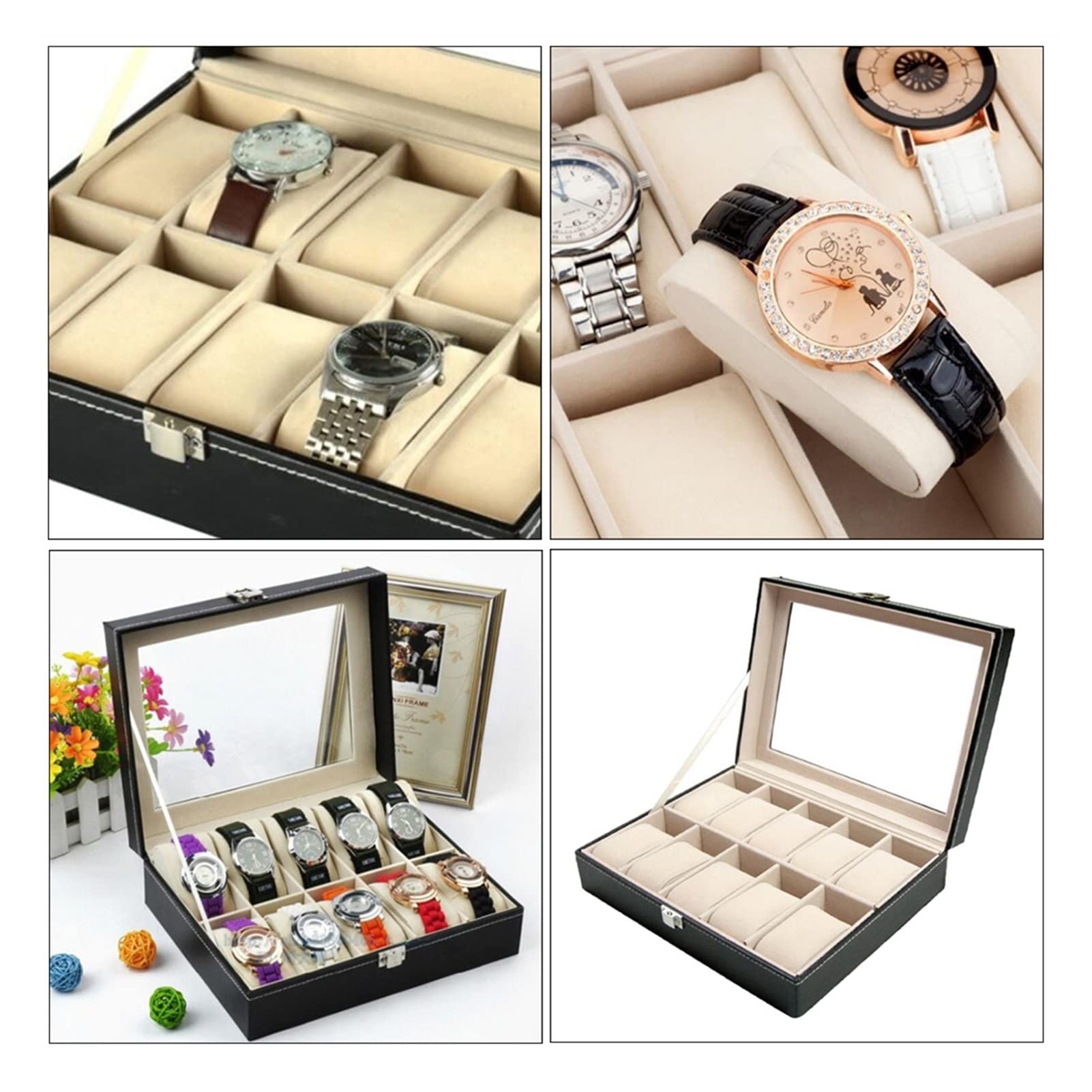 Scatola per orologi 10 slot. PU. Display dell'organizzatore della custodia della scatola dell'orologio in pelle con cuscini morbidi for gli uomini donne, scatole di gioielli display Cofanetti Orologi