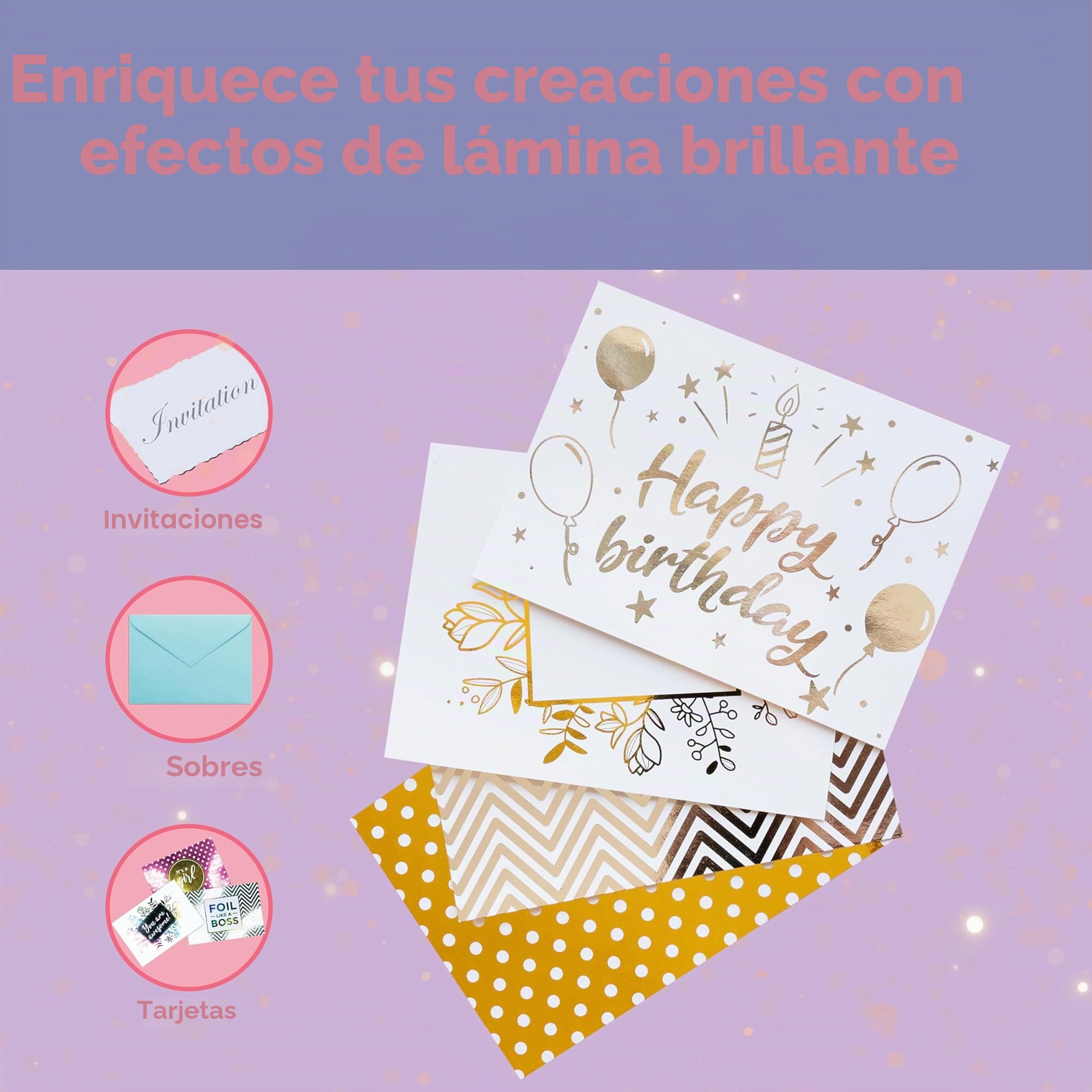 Crafts&Co® Hot Foil Applicator | Incluye 5 Láminas Plateadas y 5 Doradas, 10 Tarjetas A6 Impresas + 1 Carpeta Transparente | Blanco