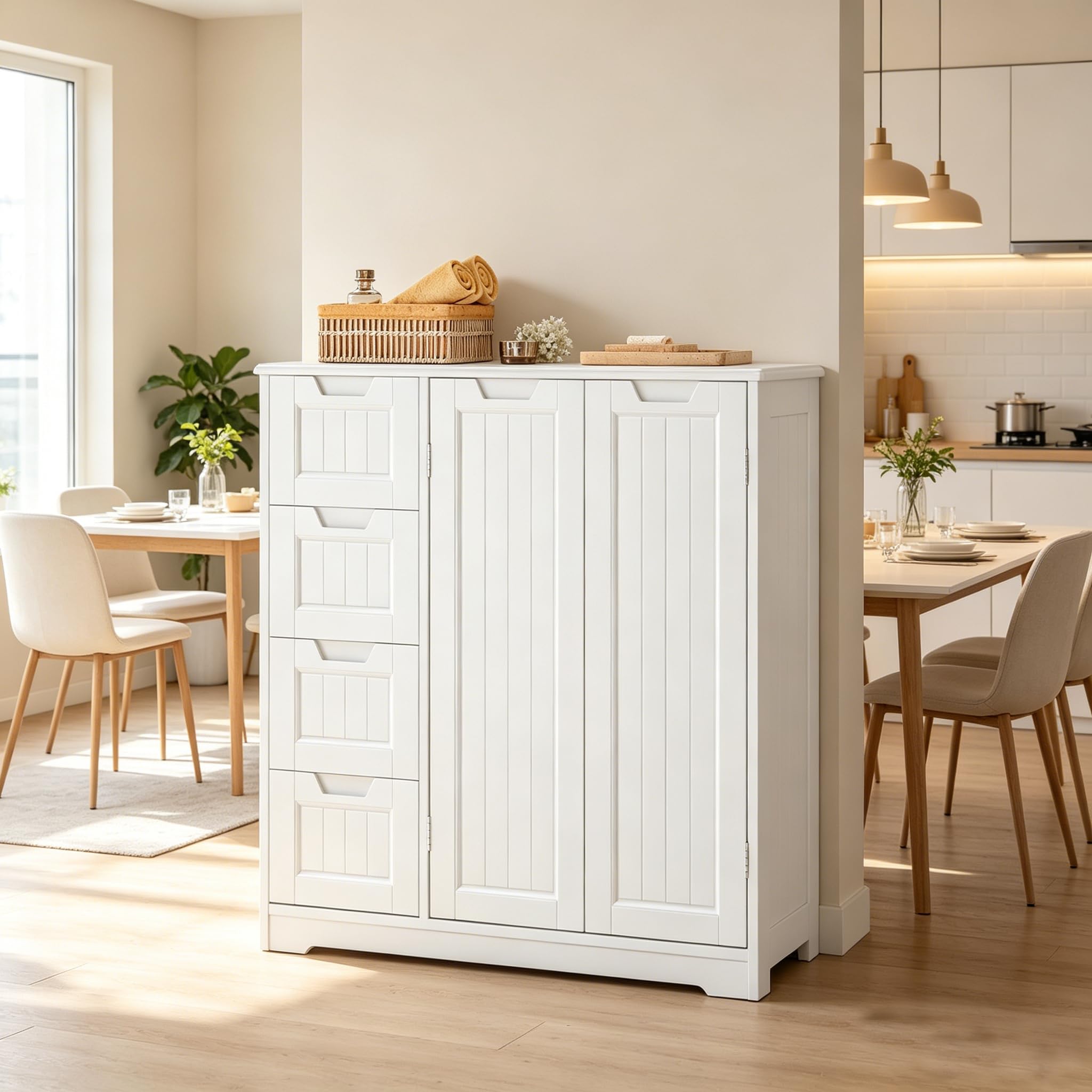 Xbro Küchenschrank, Sideboard mit 4 Schubladen und 2 Türen, Buffetschrank mit verstellbarem Einlegeboden, Aufbewahrungsschrank für Küche, Esszimmer und Wohnzimmer, 81 x 30 x 83 cm, Weiß
