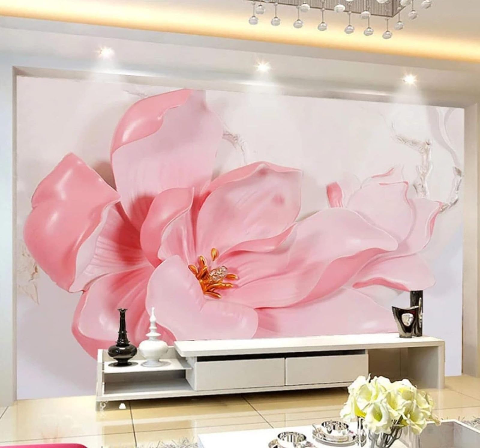 XLMING Three Dimensional Relief Beautiful Pink Flowers 3D Wallpaper Luxury Silk Study Dining Feature Sofa Grey Bedroom Living Room Tv Decorative Wall-150cm×105cm