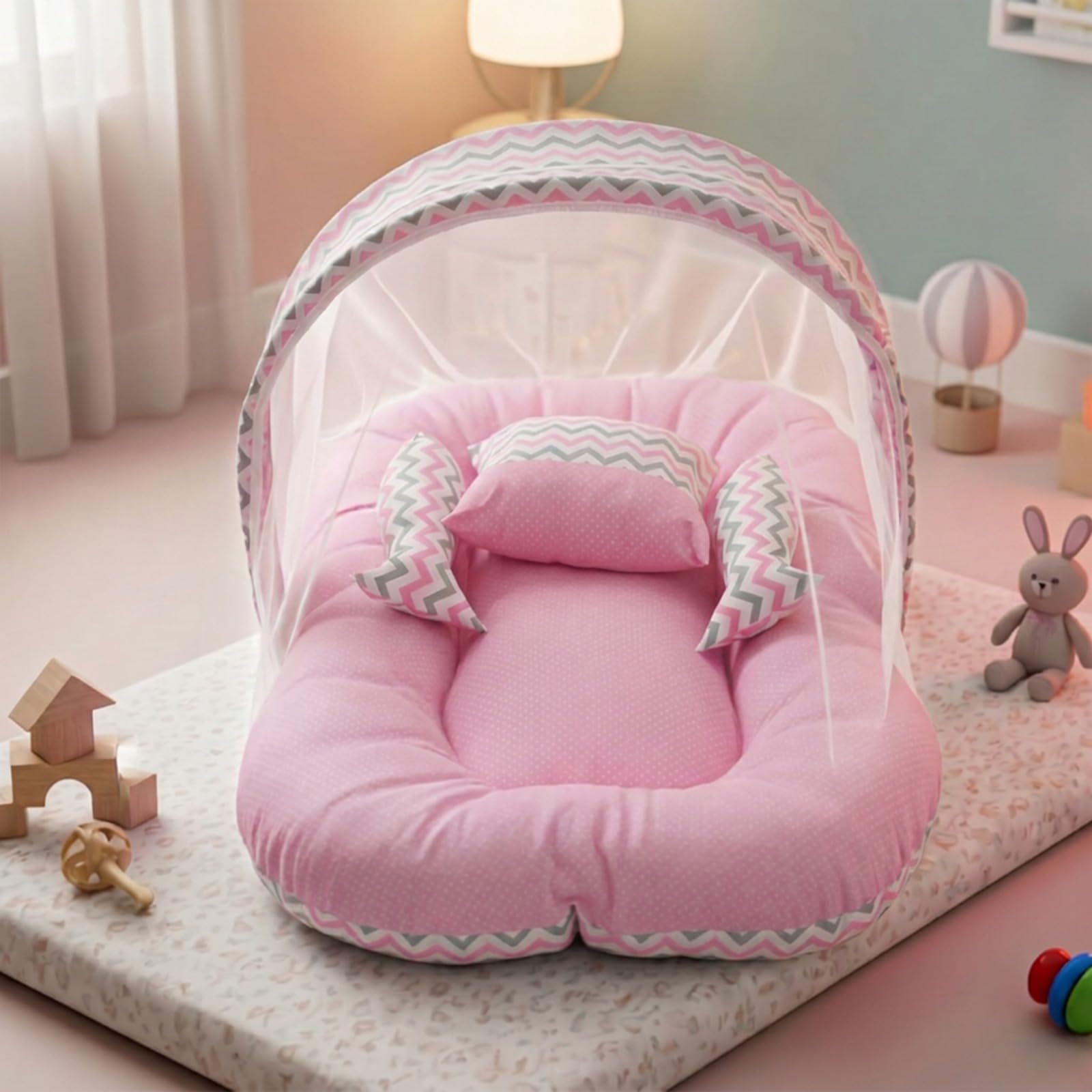 BAYBEE Baby Bedding Set for New Born Baby, Bed Mattress with Mosquito Net & Neck Pillow, Sleeping Nest Travel, Infant Toddler Bed Set Gifts for Baby Boy Girl 0-6 Months (Pink)