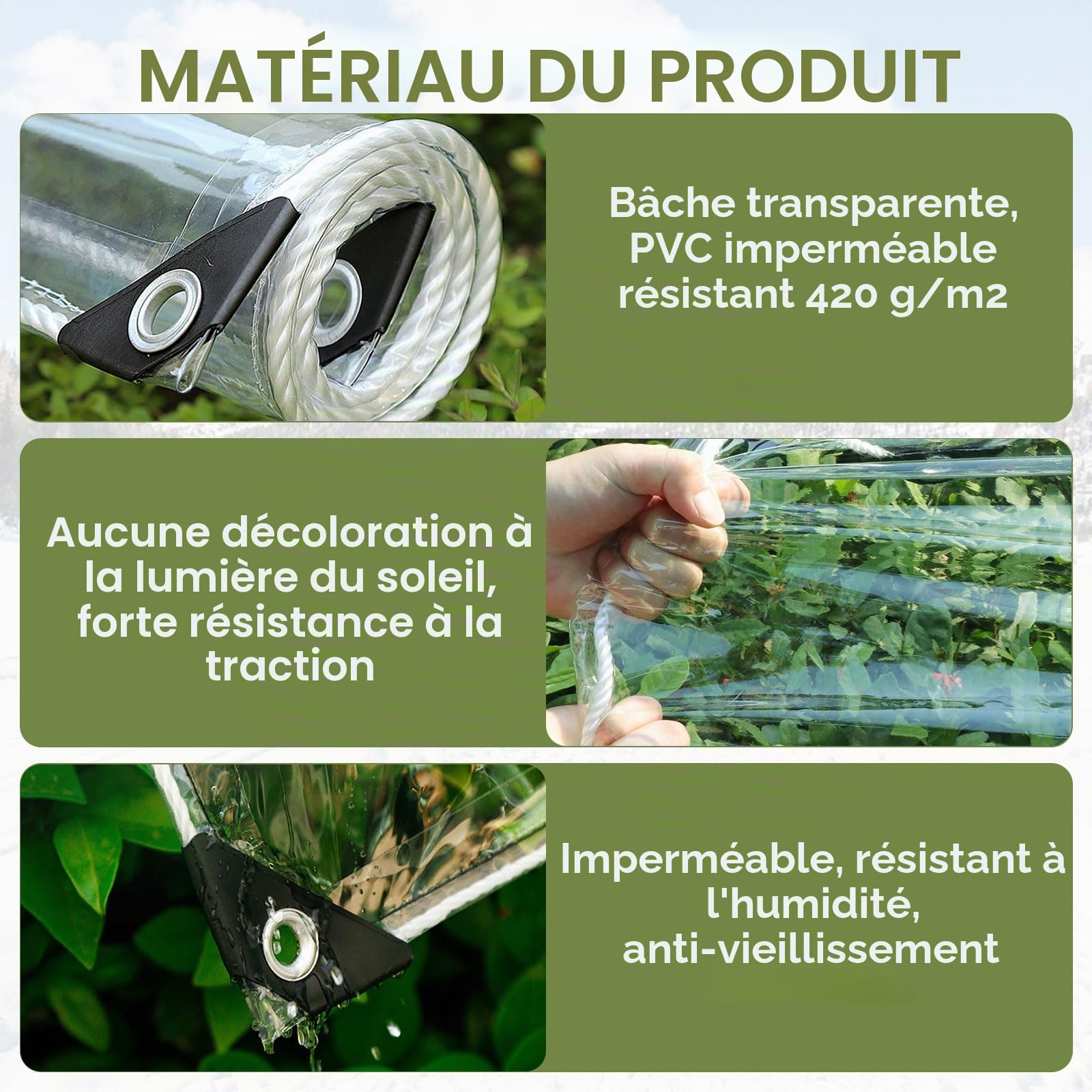 Bâche transparente - 420 g/m² - En PVC transparent - Avec œillets et fermeture éclair - Rideau d'extérieur imperméable - Protection contre le vent et la pluie - Pour pavillon, abris de voiture