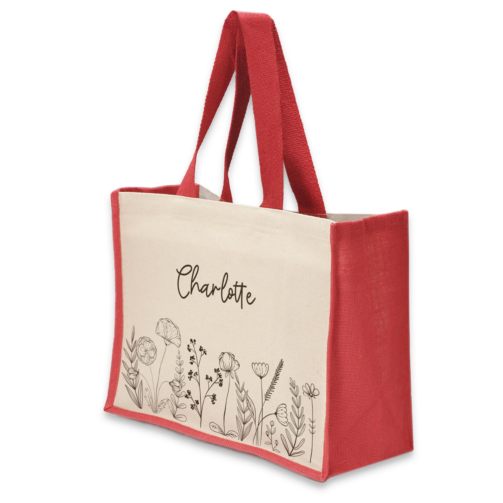 A1 Graphics Ltd Personalised Tote Bag Custom Large Jute Shopping Bag Wild Flowers Floral Design (Red)