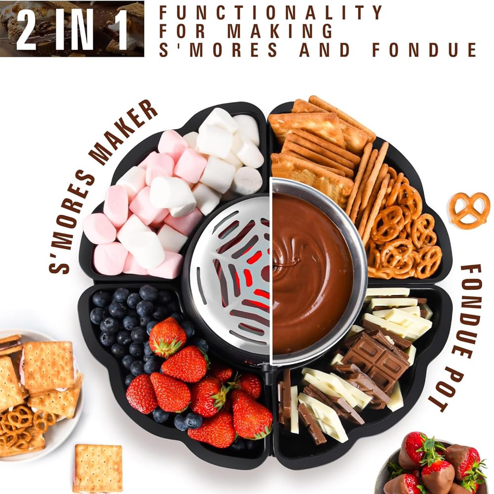 S'mores Maker & Chocolate Fondue Set – 280 W eléctrico interior S'mores Kit con control de temperatura y accesorios para fiestas y noches de cine