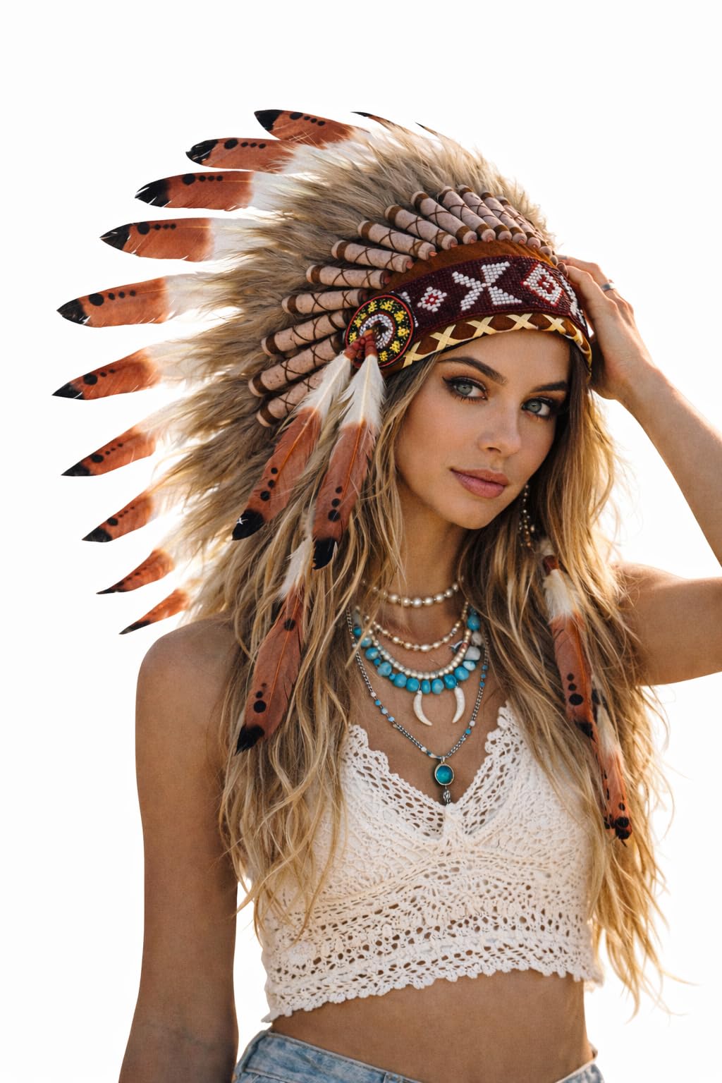 boho head dress Feather Headdress Festival Headpiece – Tribal Costume for Women – Burnin... 752190309363| eBay model: Evie - 2400 Find Your birthday dress Color:Orange Green this item gives off