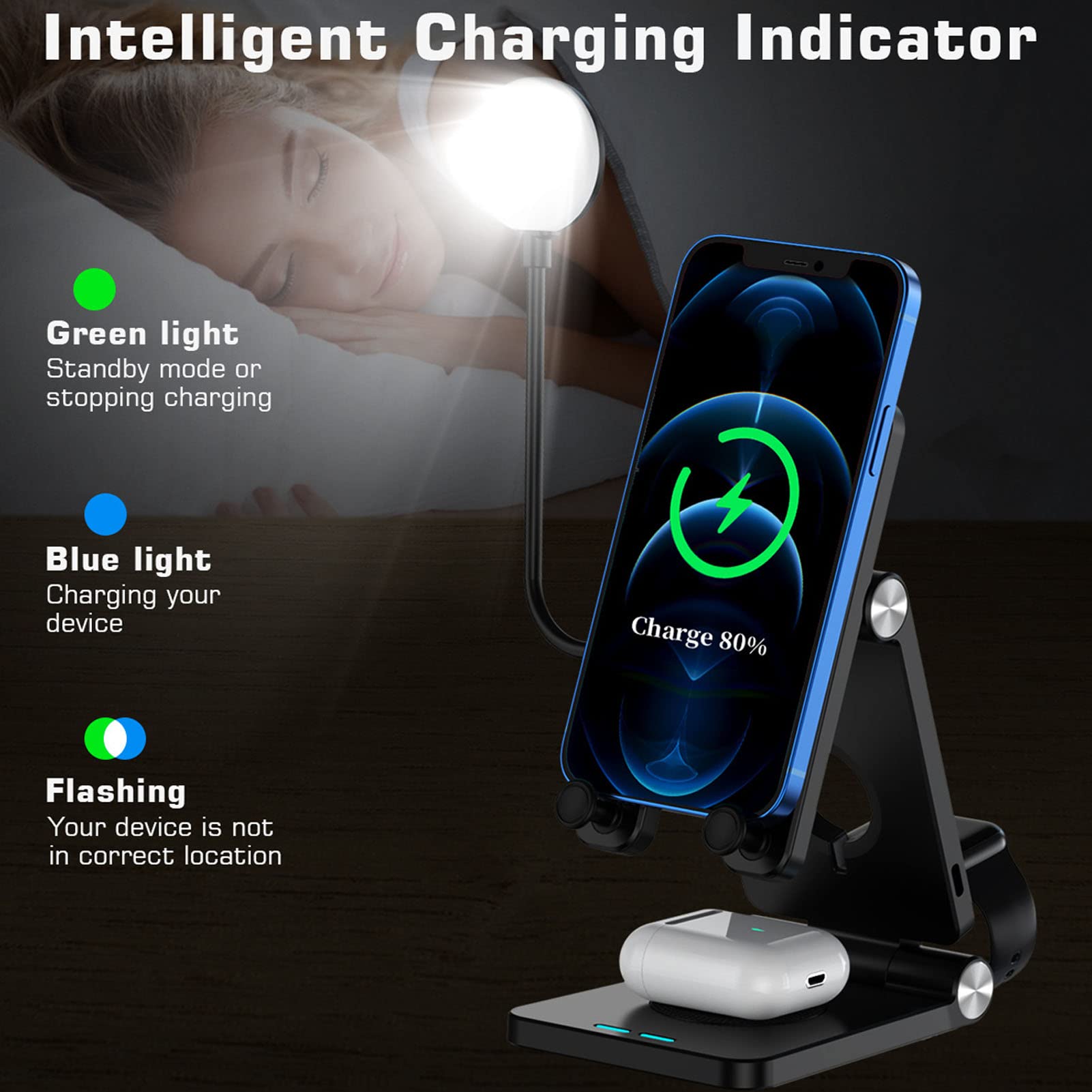 Cargador inalámbrico 4 en 1 estación de carga plegable de 18 W, compatible con carga de auricular de reloj de teléfono móvil(Negro)