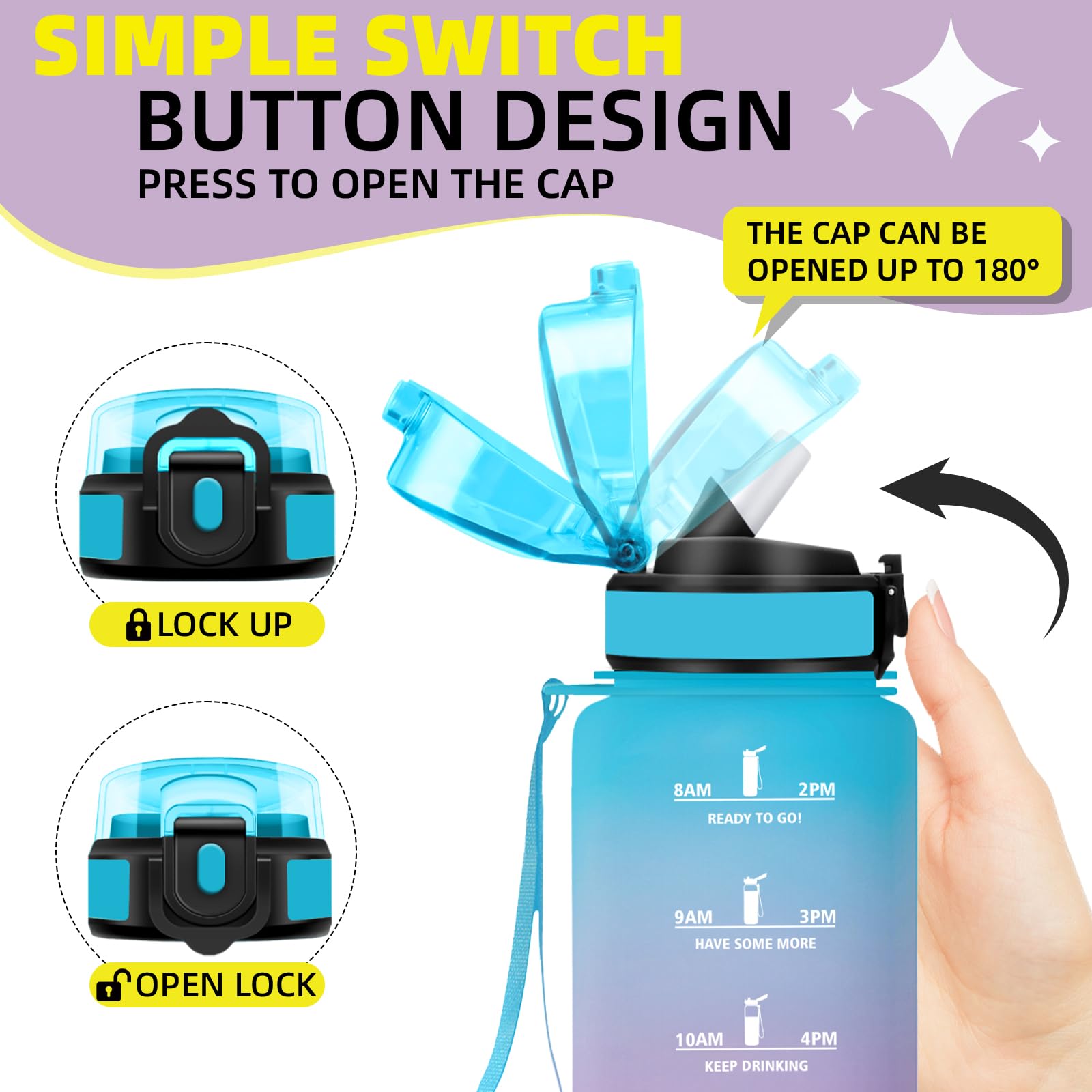 Gourde 500ml, Gourde Enfant avec Paille, Verrou de Sécurité, Anti Fuite Bouteille Motivationnelle, Bouteille d'eau anti Fuite, Facile à Nettoyer, Gourdes avec Marqueur de Temps pour Camping, Velo - 5