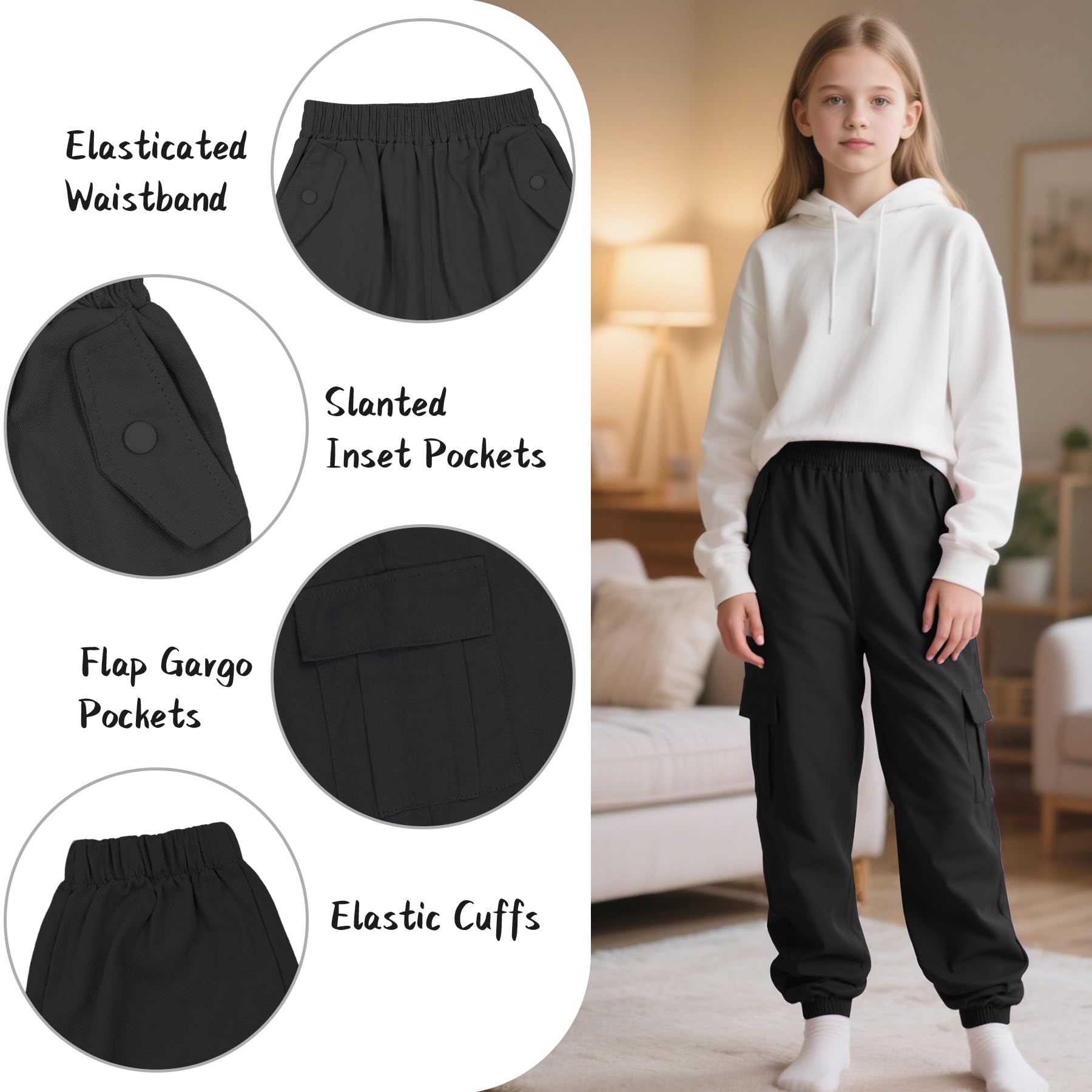 Cargohose Mädchen Baumwolle Kinder Jogginghose Weich Atmungsaktiv Cargo Hose mit Elastischem Bund und Taschen Streetwear Sporthose Freizeithose für Frühling Herbst 6-13 Jahre, Gr.116-158